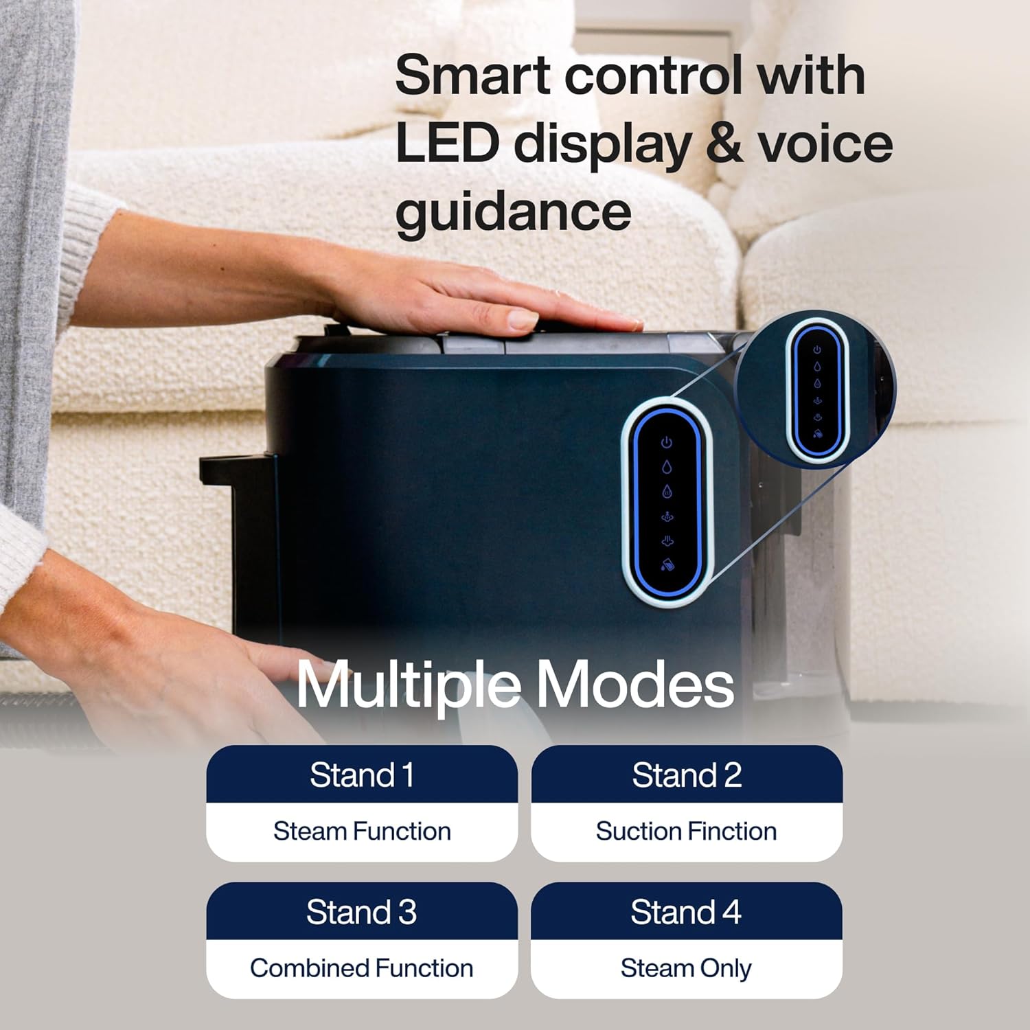 Superiore view of the Samako PowerClean Pro control panel with LED display and buttons for Steam, Suction, Combined, and Steam Only modes.