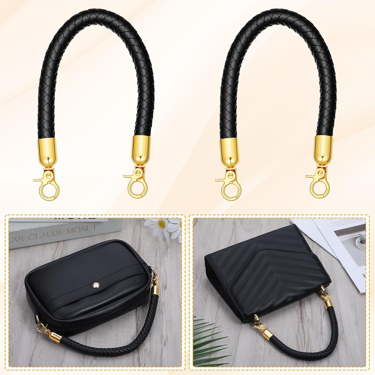 2 Pcs PU Leather Handbag Handles, 30cm/11.8 Inch Short PU Leather Purse Straps, Braided Purse Replacement Handle with Metal Buckle for DIY Bag Accessories (Black) - Image 6