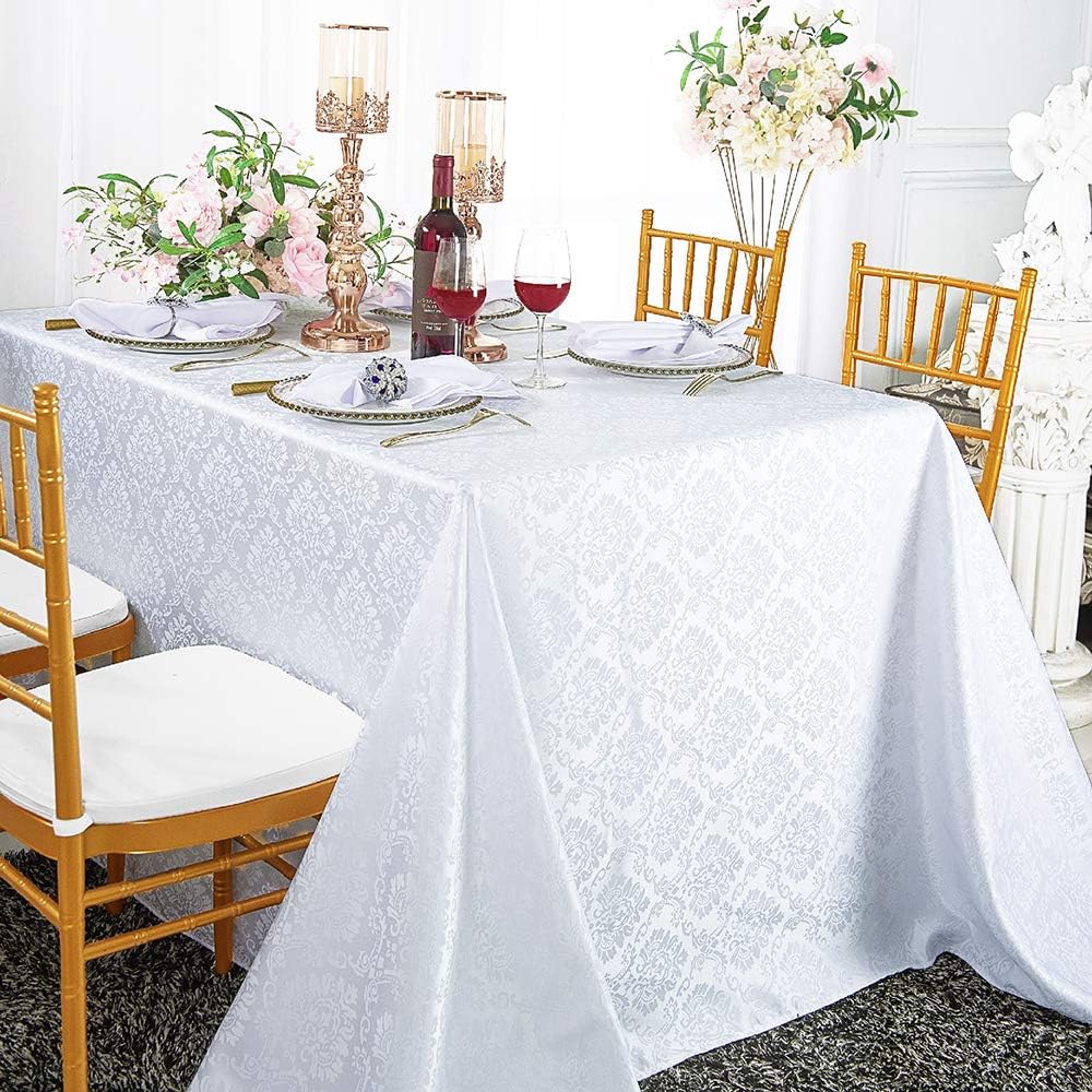 72 Inch x 120 Inch Rectangular Marquis Jacquard Damask Polyester Tablecloths Table Cover Linens for Restaurant Kitchen Dining Wedding Party Banquet Events - White