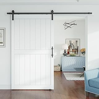 SmartStandard 48 x 84 inch White Sliding MDF Barn Door with 8FT Black Sliding Door Hardware Kit & Handle, Pre-Drilled Ready to Assemble, Waterproof PVC Coating, H-Frame