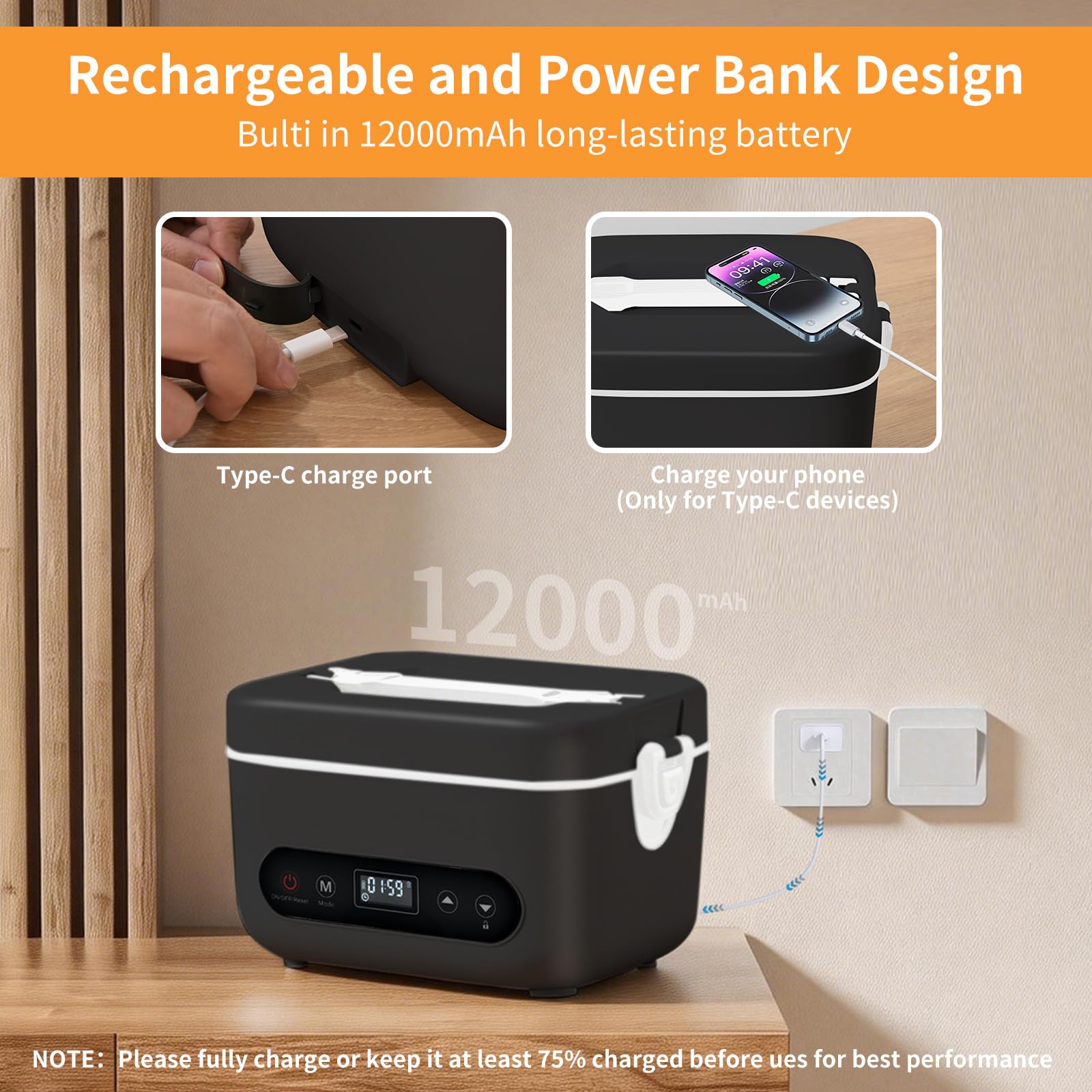 Gamelle Chauffante avec Batterie Intégrée 12000mAh, Lunch Box Électrique 1.3L, Boîte Repas Chauffante sans Fil avec Minuterie Intelligente, Parfait pour Bureau, Voyage, Camping (Noir)