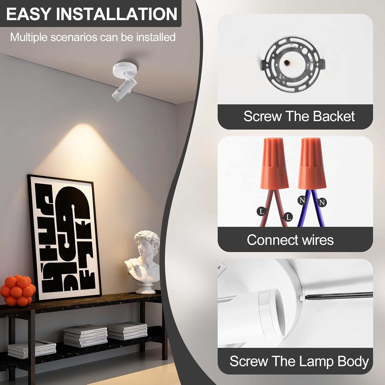 Zoomable Ceiling Spot Light Indoor 9W Art Display Accent Lighting 3000-6000K Selectable Modern LED Spotlights,15-55° Beam Angle, Directional, Accent lighting for Kitchen, Corridor, Hallway (White)