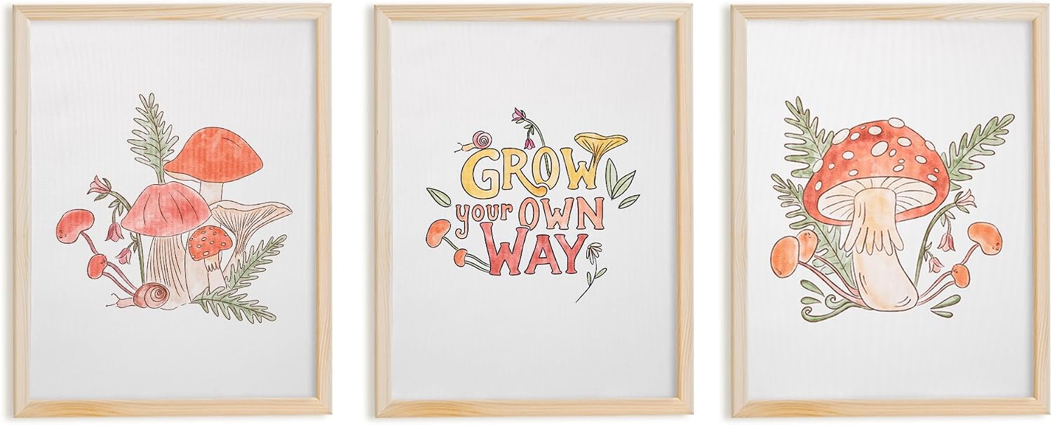 Minimalistx Mushroom Nursery Wall Art Set of 3 (Unframed) 16”x12” Canvas Prints – Cottagecore Nursery Decor, Woodland Forest Nursery Wall Decor, Mushroom Wall Art for Baby Room & Kids Room