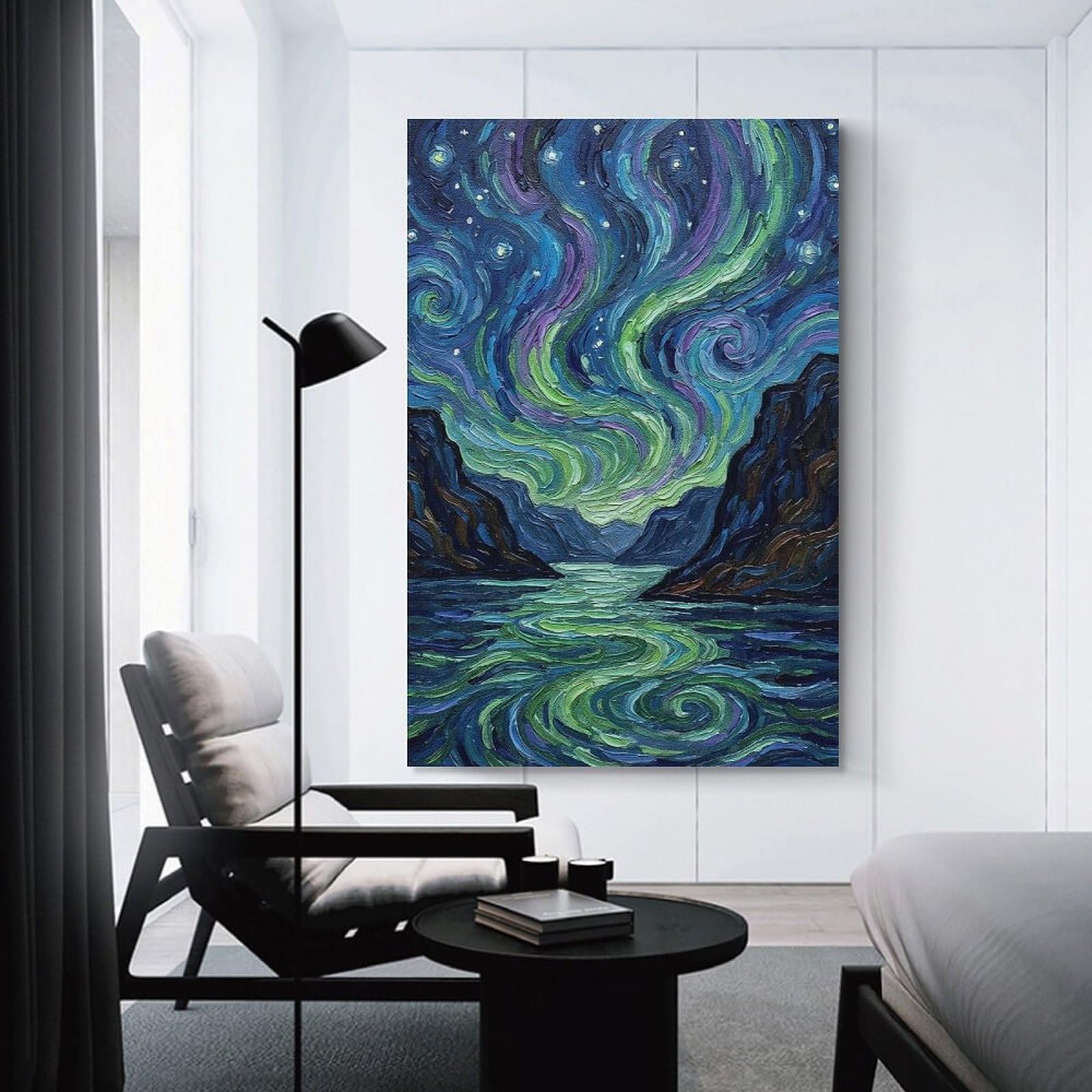 Junmoney Home Decor Wall Art Aurora Borealis Over Mountains And Water, 24x36inch(60x90cm), for Flats, Guest Rooms Or Compact Rooms, Wall Decor with Flexible Room Appeal