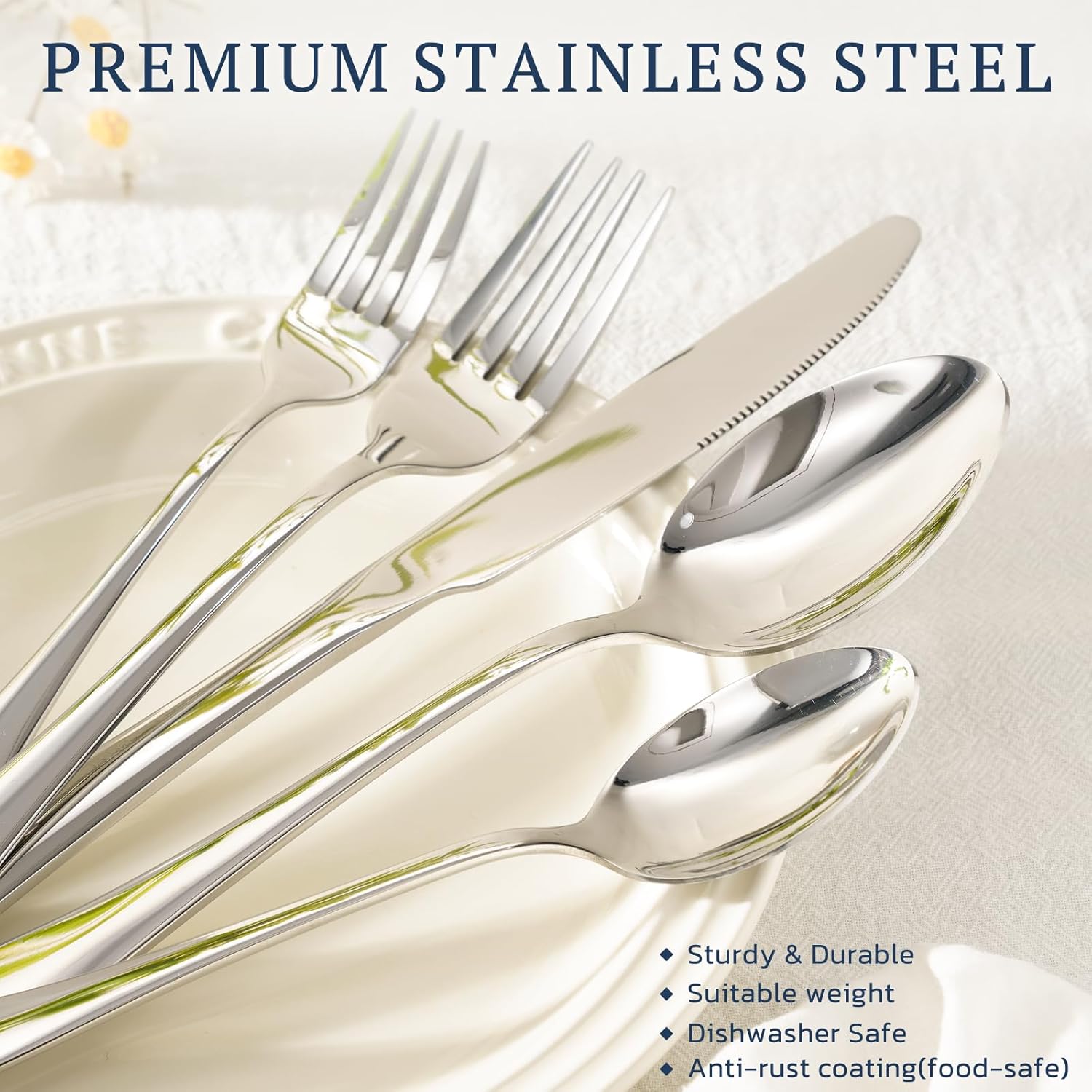 Astercook Silverware Set 48-Piece Flatware with Steak Knives Food-Grade Stainless Steel Cutlery for 8 Mirror Polished Utensils Set Include Spoons and Forks for Home Kitchen Restaurant