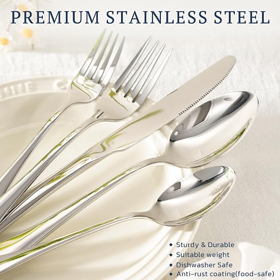 Astercook Silverware Set 48-Piece Flatware with Steak Knives Food-Grade Stainless Steel Cutlery for 8 Mirror Polished Utensils Set Include Spoons and Forks for Home Kitchen Restaurant