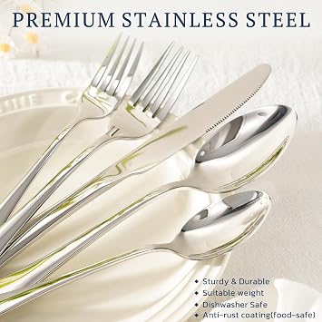 Astercook Silverware Set 48-Piece Flatware with Steak Knives Food-Grade Stainless Steel Cutlery for 8 Mirror Polished Utensils Set Include Spoons and Forks for Home Kitchen Restaurant