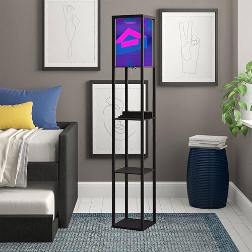 Miniatura 4 de Retro futurismo sin costuras elementos geométricos estilo memphis 80s Synthwave lámpara de pie con estantes, puertos USB y toma de corriente,