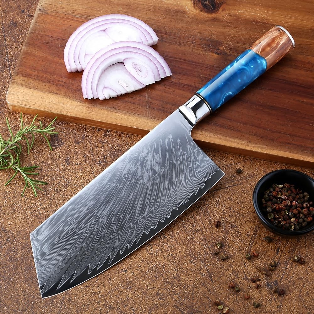 MAYIT Meat Cleaver Knife, 7 Inch Cleaver Knife Damascus Steel Chinese Chef Knife Professional Butcher Knife Sharp Kitchen Knife Meat Vegetable Knife, MAYiT5475