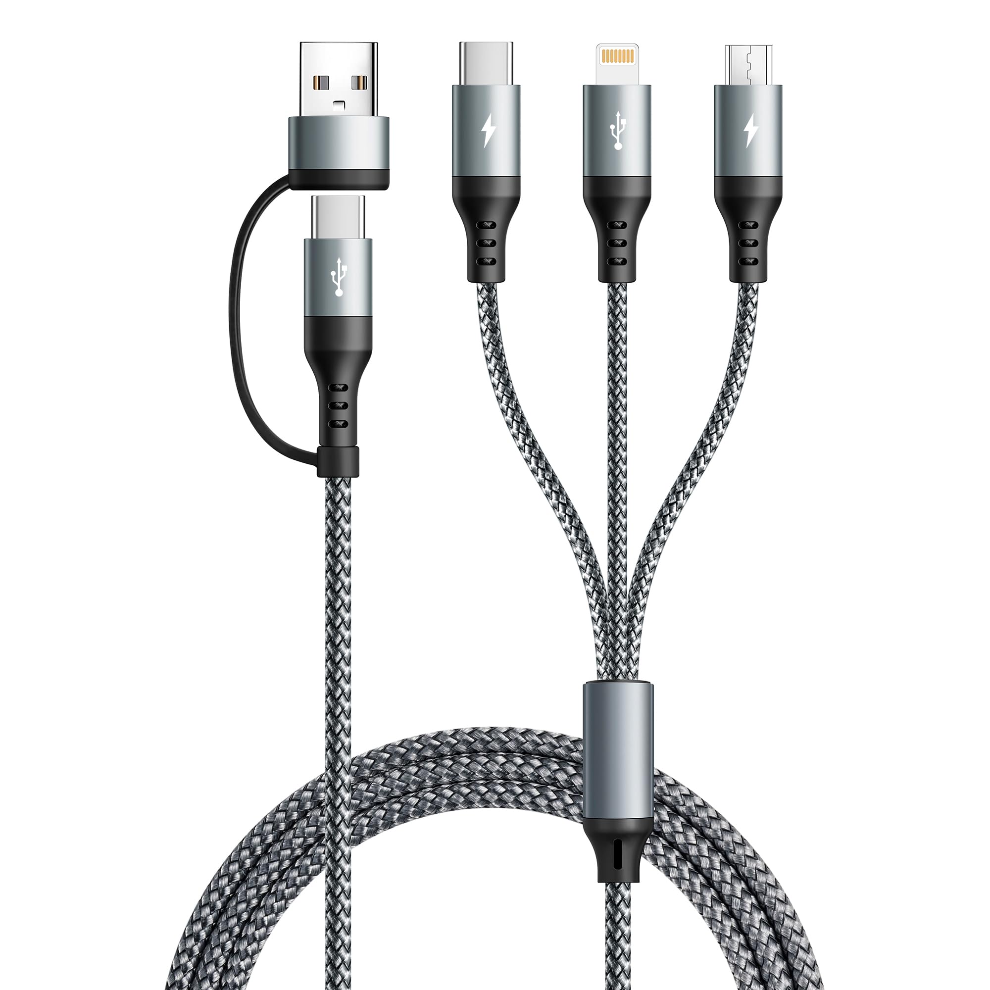 UZAHSK 5-in-1-Multiladekabel mit Datenübertragung [3 A, 1,2 m] Nylon-Multiladekabel, USB-A/C-Ladekabel mit Micro-/Typ-C-/Lightning-Anschluss für iPhone-Serie/Samsung/Tablets/PS und mehr