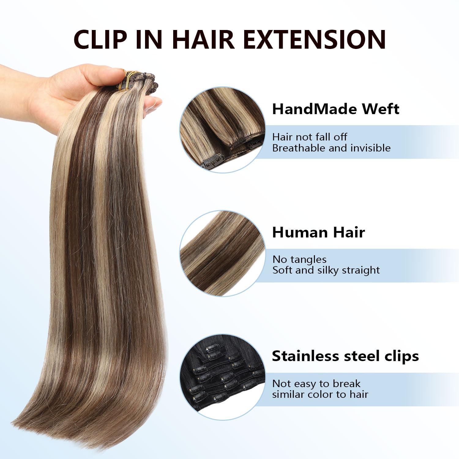 COOKAYU Clip in Hair Extensions Real Human Hair, 14inch 120g 7pcs Natural Human Hair Extensions Clip in Human Hair, 4P27 Medium Brown and Caramel Blonde