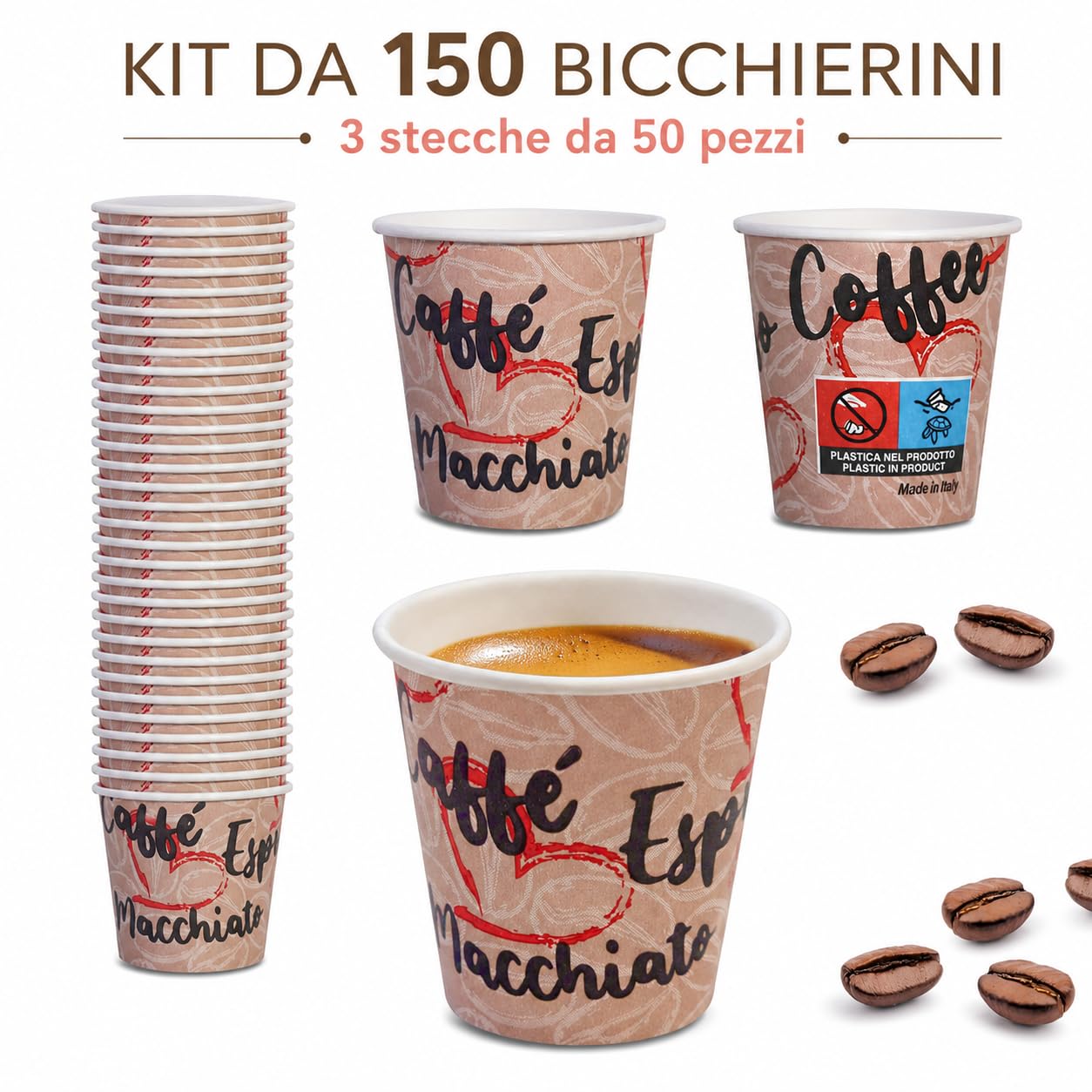 Caffetti 150 Bicchierini Caffè Carta 90 ml Made in Italy, 3 Stecche da 50 Bicchieri Monouso per Espresso, Tazzine Usa e Getta per Bar, Ufficio, Asporto, Bevande Calde, Tema Cuore