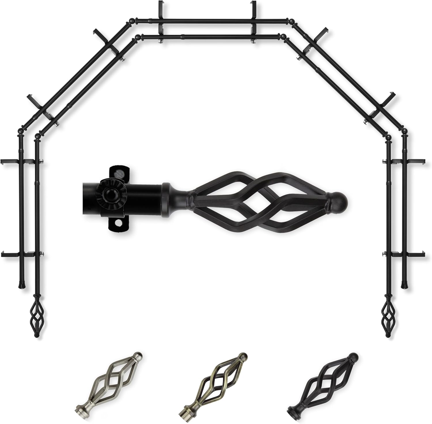 A&F Rod Décor - Helix 13/16" 5-Sided Double Bay Window Curtain Rod - Antique Brass