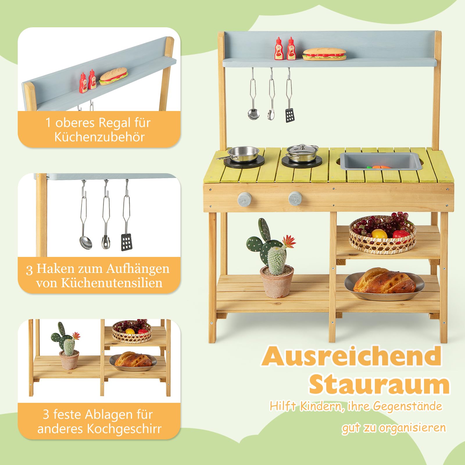 DREAMADE Matschküche für Kinder, Spielküche Outdoor mit 2 Herdplatten, abnehmbarem Spülbecken, Regalen & Haken, kreatives Küchenspielzeug für Kinder ab 3 Jahren, für Hof, Garten