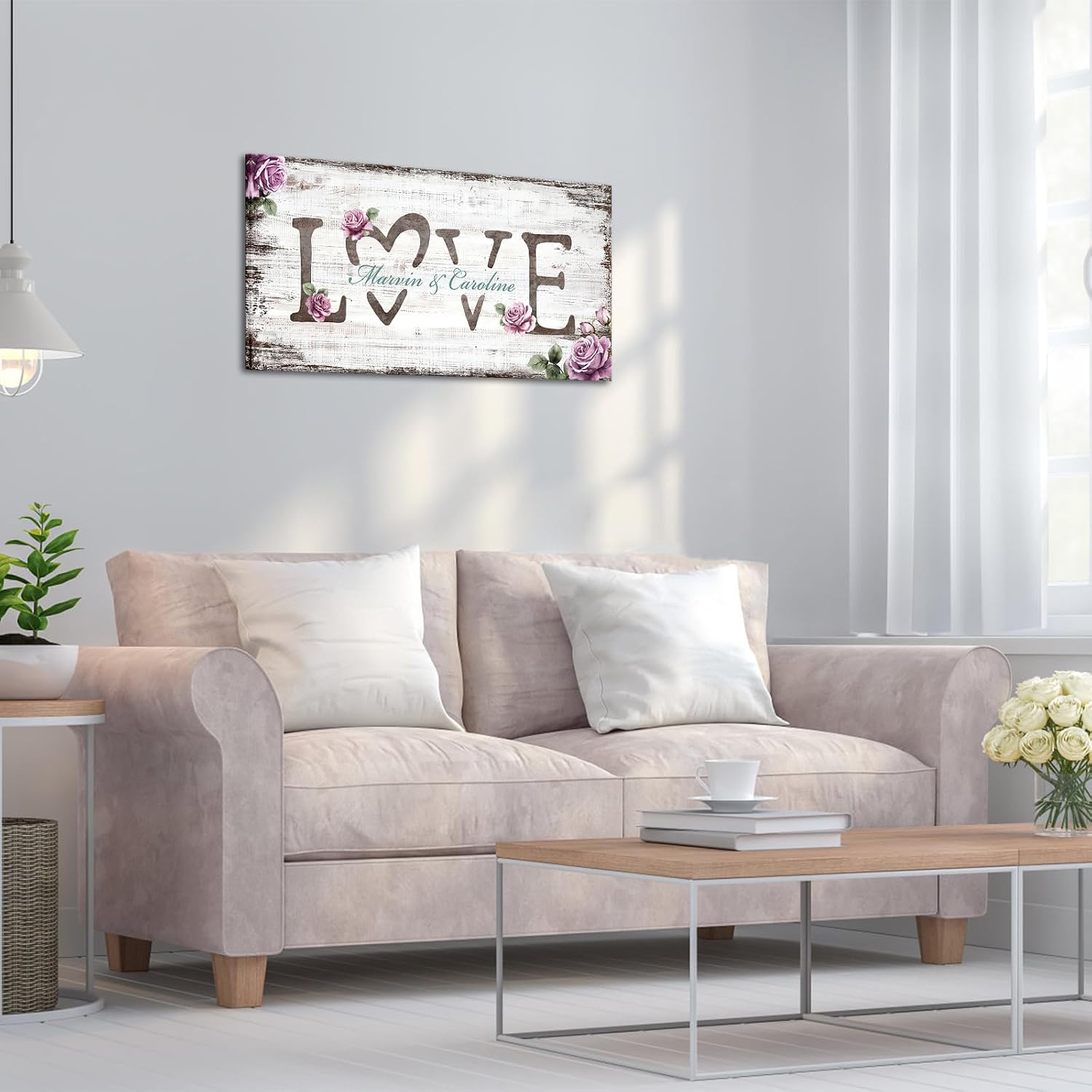 iLOOKLiKE Personalized Love Sign with Couple's Names Wall Art Custom Romantic Purple Rose and Name Canvas Prints Home Decor Anniversary Wedding Valentine's Day Gifts for Him Her