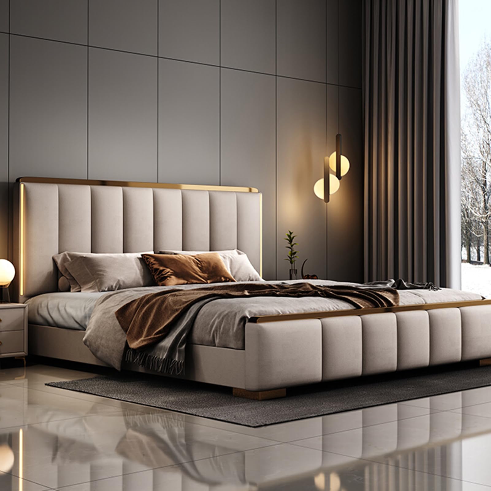 King Size Mid-Century Genuine Leather Wood Bed Upholstered Platform Bed Frame with Headboard and Drawers Wooden Slats Support