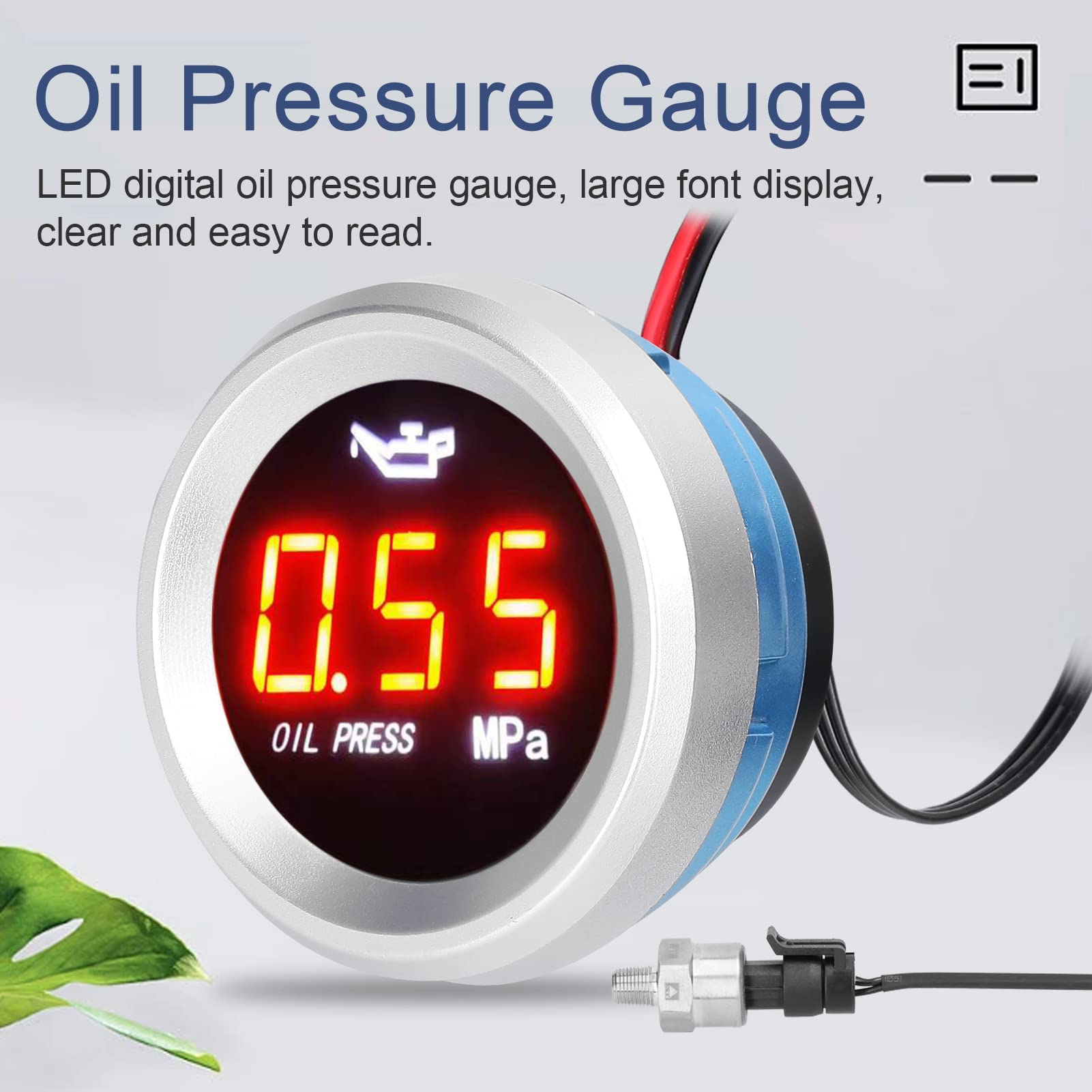 ACAGALA 52mm Öldruckanzeige Auto Digital Meter LED Display 9-35V mit 1/8NPT Sensor Alarmfunktion