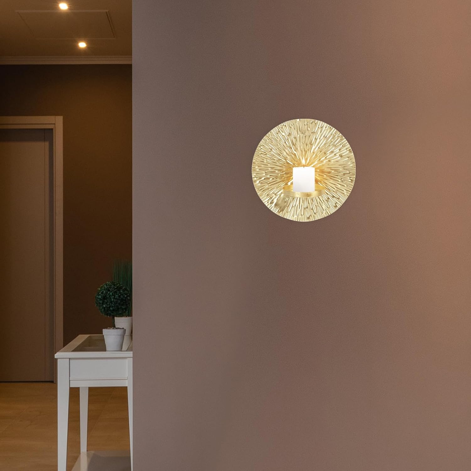 Golden Metal Wall Candle Holder, Round Hanging Decorative Sconce for Home