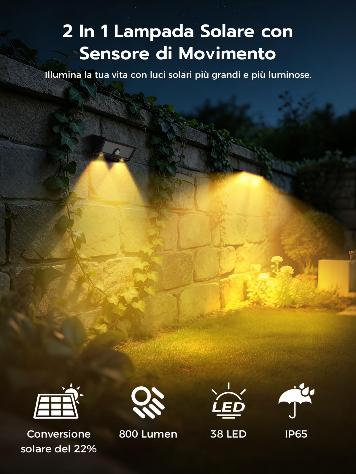 Smiling Shark Lampada Solare Esterno con Sensore di Movimento, LED Applique Luci Solari da Esterno 4 Modalità IP65 Impermeabile Faretto Solare Esterno Bianco Caldo per Giardino (4, Bianco Caldo)