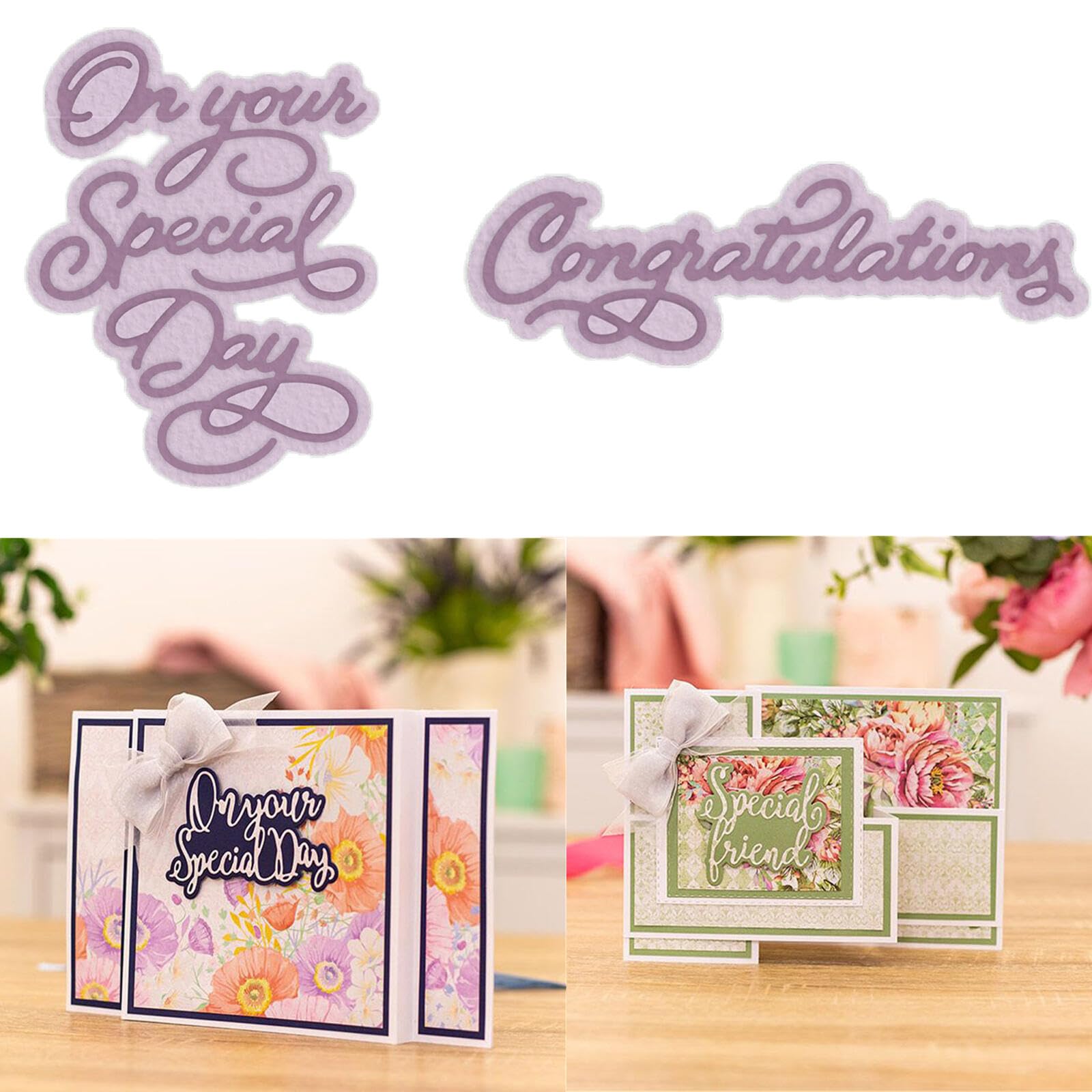 2PCS Alphabtes Metal Cutting Dies for Card Making On Your Special Day, Congratulations Letters Metal Die Cuts for DIY Scrapbooking Paper Crafting Embossing Template Carboon Steel Dies Molds