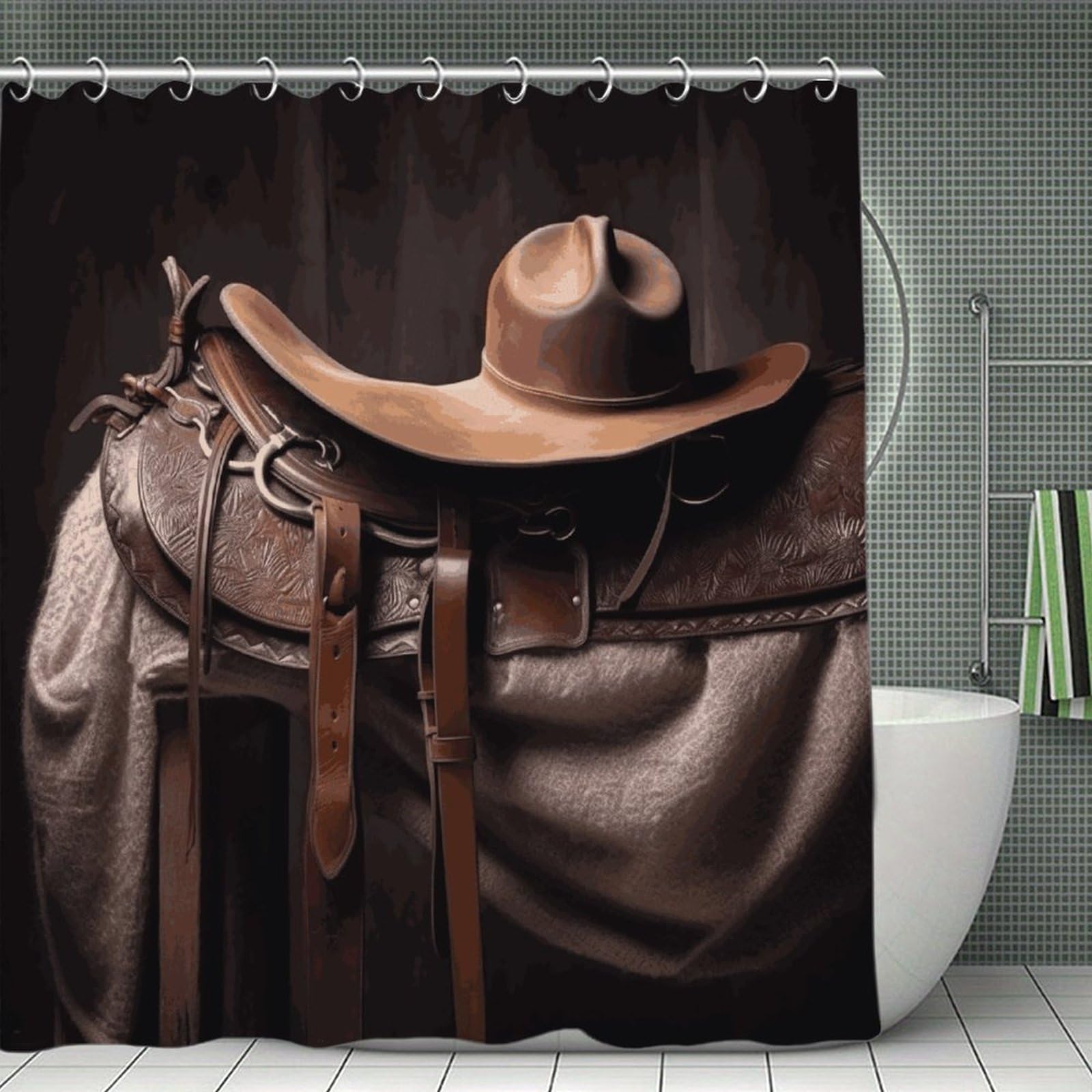 VstaDank Horse Saddle with A Cowboy Hat Wild Shower Curtain Waterproof Bathroom Curtain with Hooks Luxury Weighted Bath Curtains for Bathtubs Showers Room Dividers Decorative Shower Curtains 71x71 in