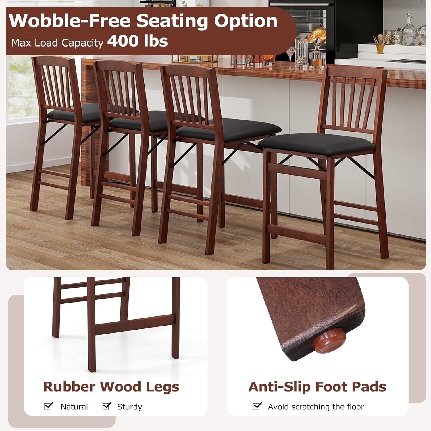 Giantex Folding Counter Height Bar Stools Set of 4, 24.5" Farmhouse Barstools w/Padded Seat&Slat Back, Footrest, Rubber Wood Legs, No Assembly Needed, Upholstered Bar Dining Chairs for Kitchen Island