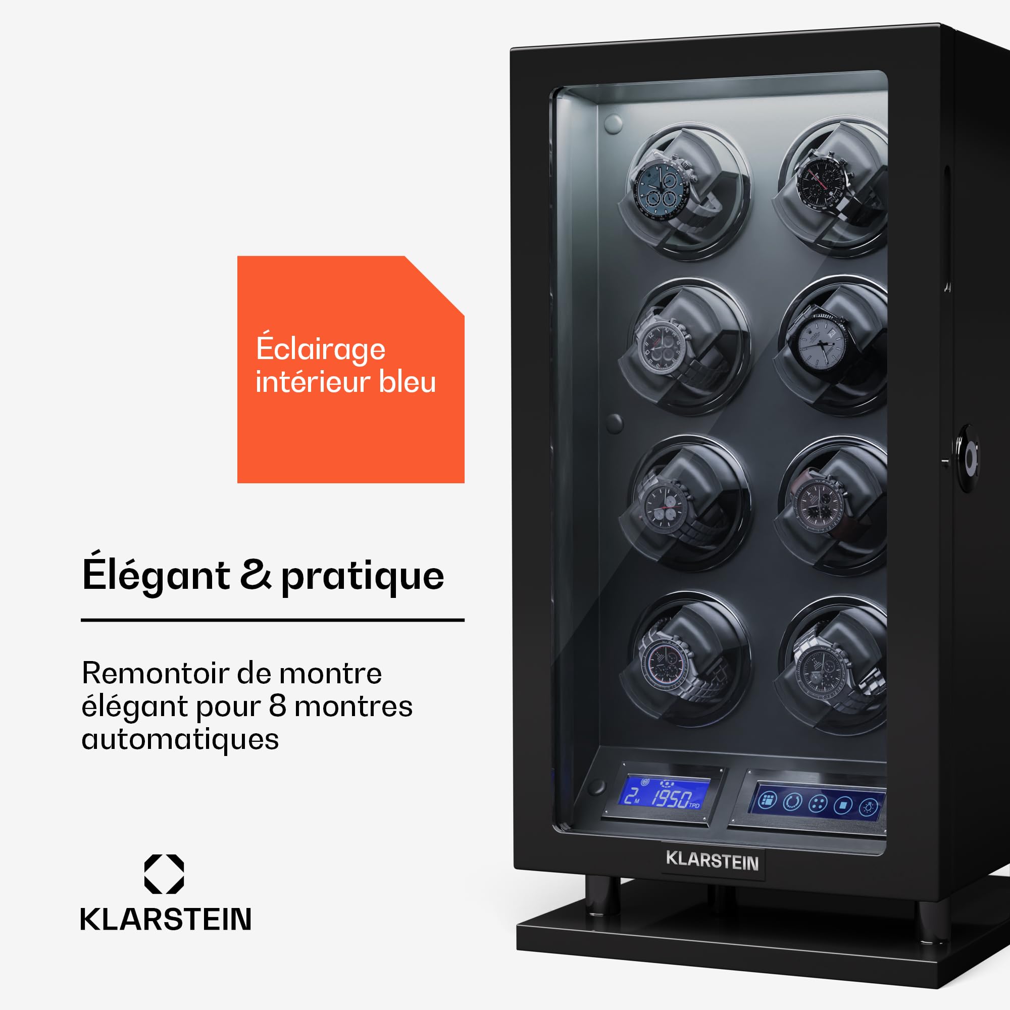Remontoir Montres Automatiques KLARSTEIN - Pour 2 Montres - LED Bleues - 4 Réglages RPM - Porte Acrylique