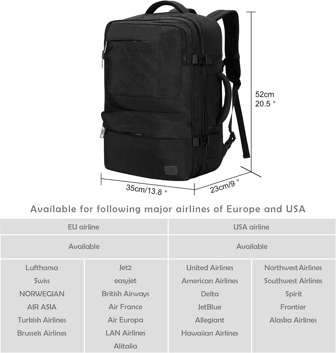 Hynes Eagle 44L Carry on Backpack Travel Weekender Duffel Pack Flight Approved Compression Cabin Laptop Bag for 17 inches Black
