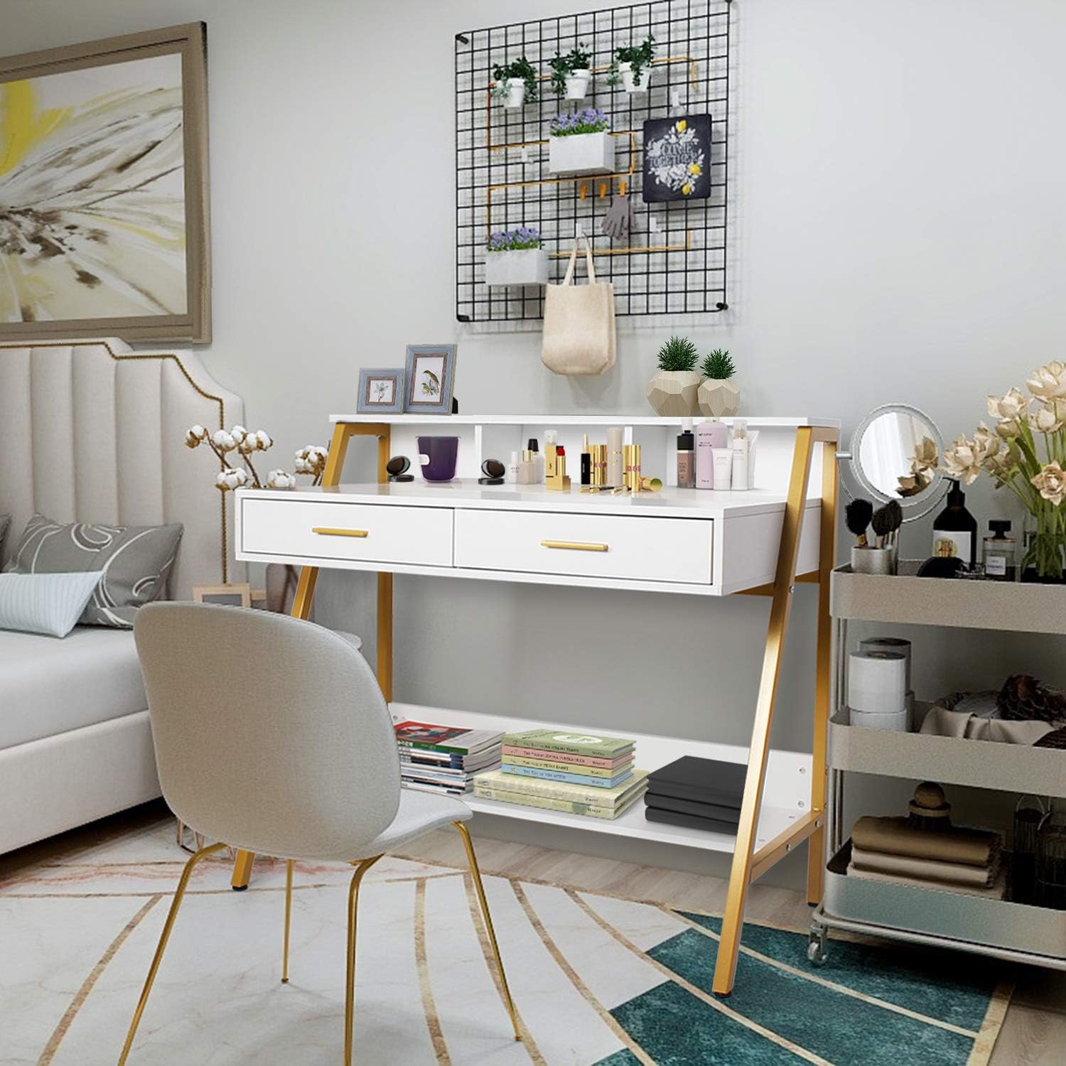 White and Gold Modern Computer Desk Simple 39 inch Home Office Desk Writing Desk with R Shaped Metal Legs,2 Storage Drawers Makeup Vanity Study Console Table