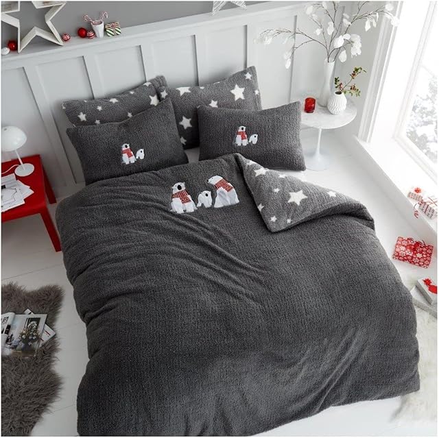 GC GAVENO CAVAILIA Polar Bear Embroidered Duvet Cover, Soft Warm Fluffy Reversible Teddy Fleece Bedding, King, Grey