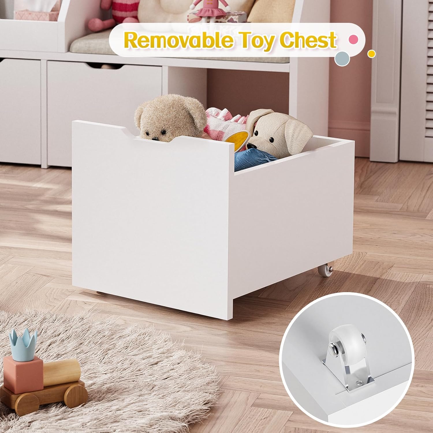 40" Kids Reading Nook with Bench, Toy Storage Organizer and Bookshelf with Seat Cushion, Kids Bookshelf with 3 Movable Drawers, Toy Storage Box on Wheels, Ideal for Nursery, Playroom, Bedroom, White - Image 7