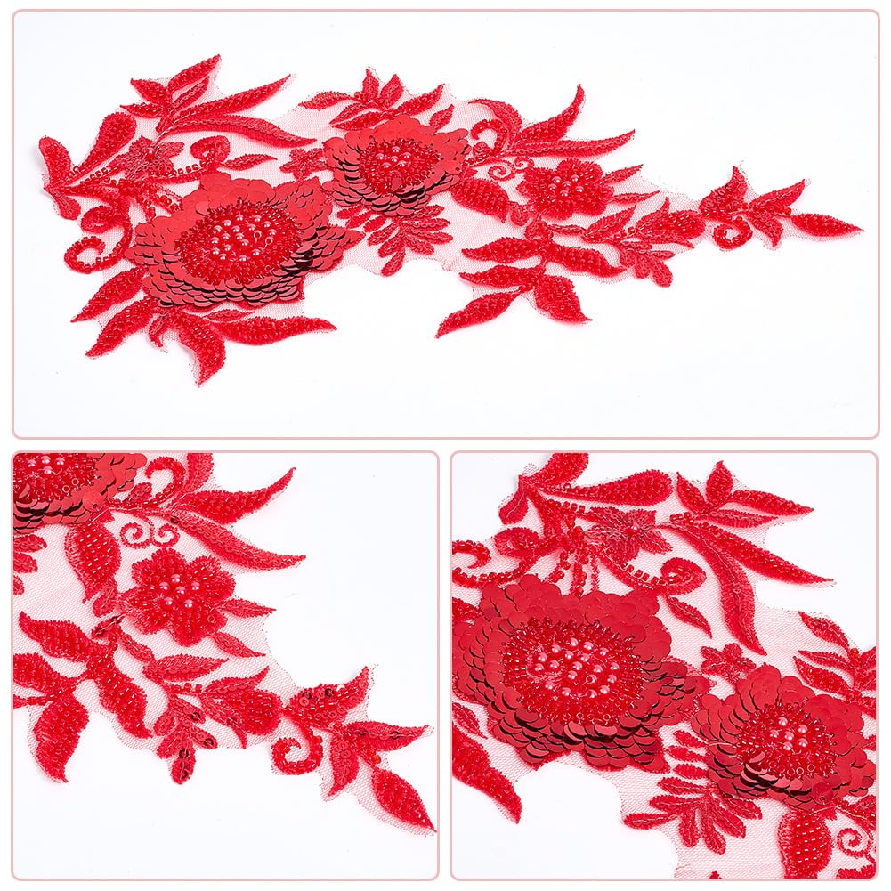 Patchs Brodés Floraux 3D Rouges - Lot De 4 Appliques En Dentelle Polyester - Pour Couture, Robes, Décoration Textile