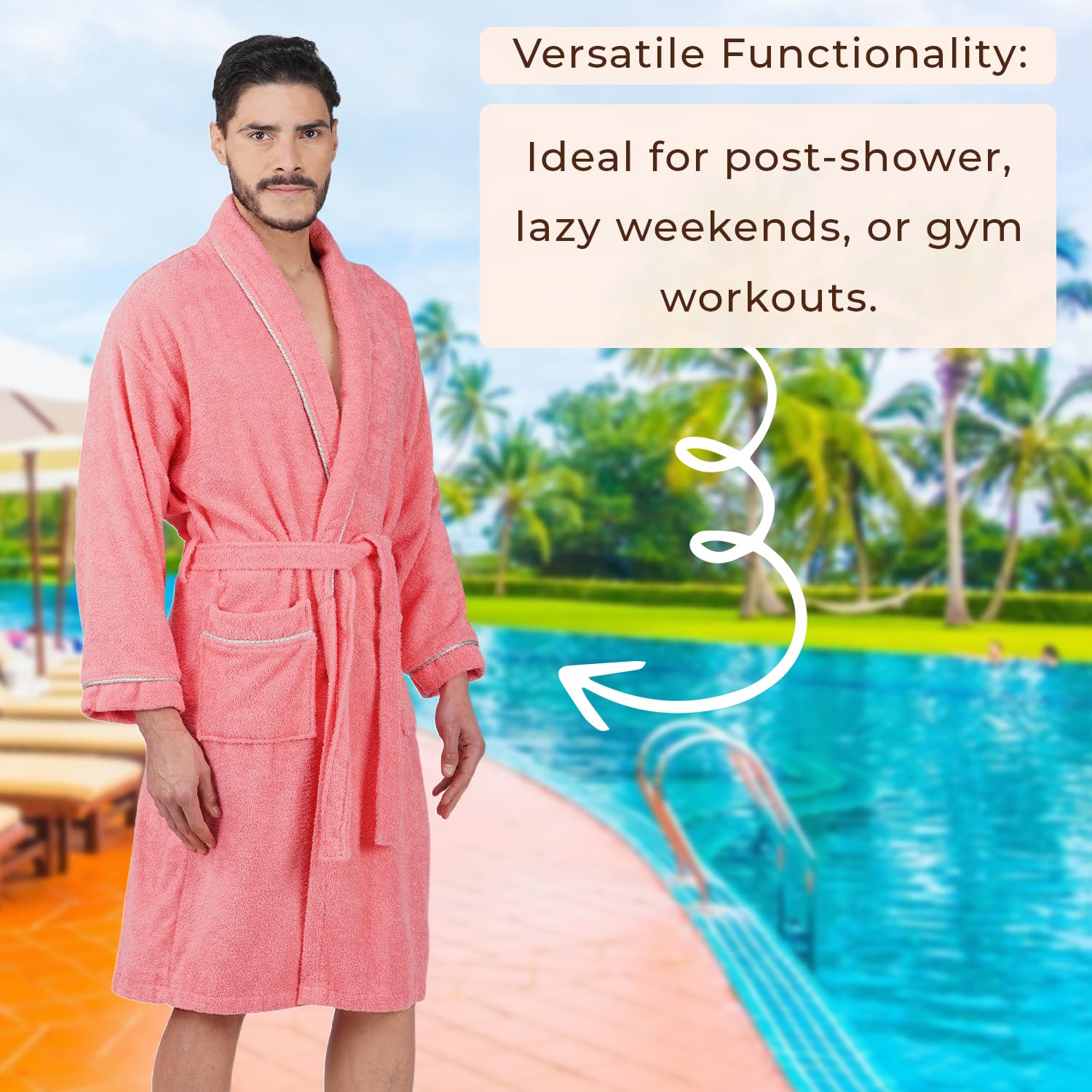 Rangoli Sunshine 100% Cotton Bathrobes For Men - Coral | 500 GSM Ultra-soft & Lightweight Bath Robe With Rope | Highly Absorbent Luxurious Bath Gown Robe For Man | After Bath Robe - Free Size - Image 5 thumbnail
