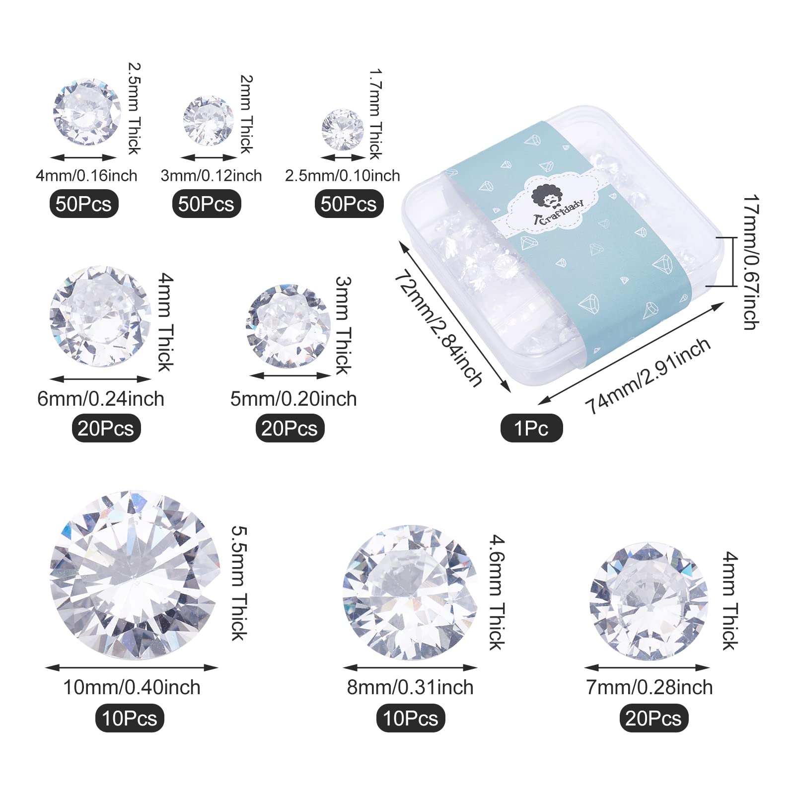 Craftdady 230Pcs Cubic Zirconia Cabochons 2.5~10mm Grade A Faceted Diamond Clear Sparkle Stone For Jewellery Repairing Making - Image 2
