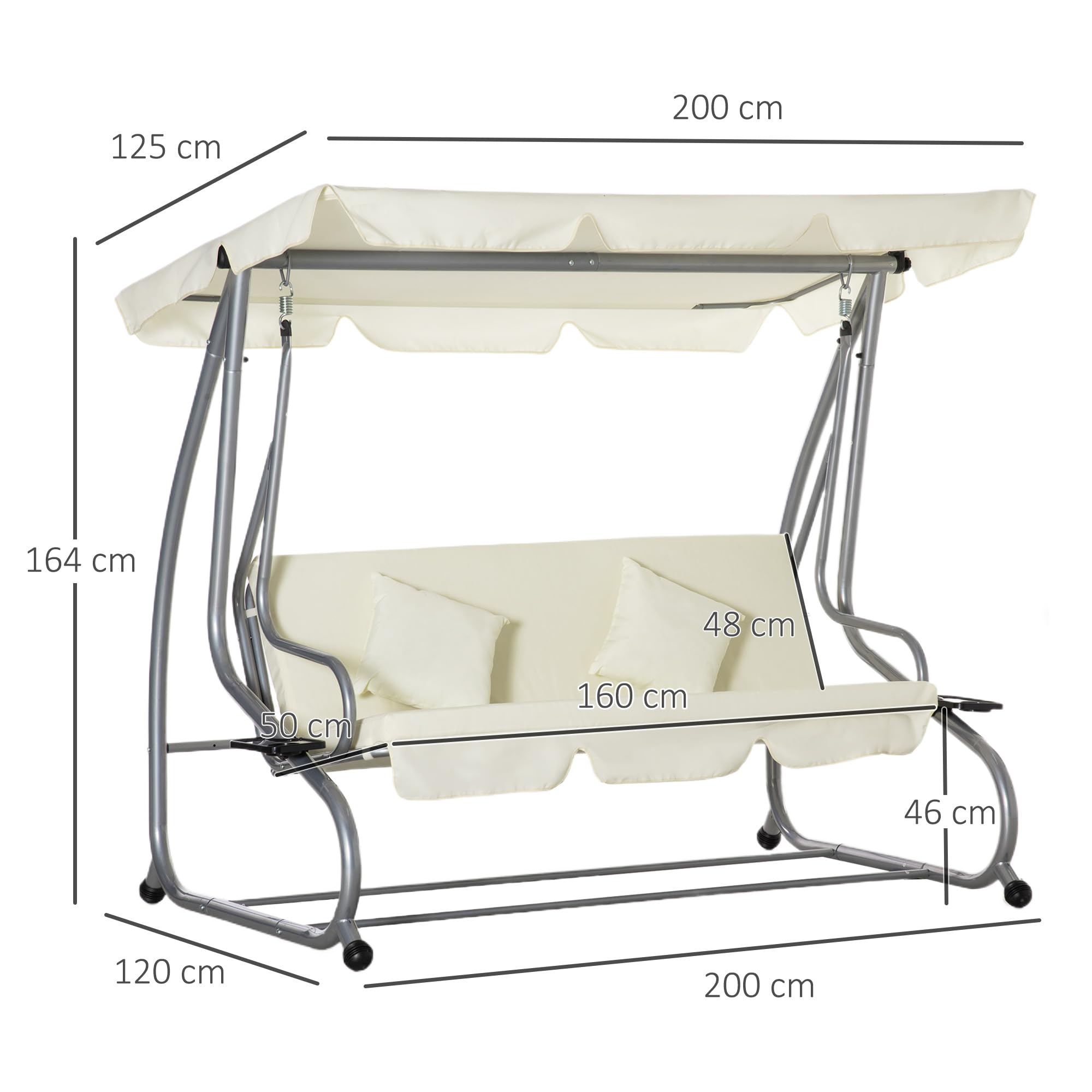 Outsunny Dondolo da Giardino convertibile in Letto a Dondolo, Dondolo 3 Posti in Acciaio e Poliestere con Tetto Regolabile e 2 Portabicchieri, 200x120x164 cm, Crema