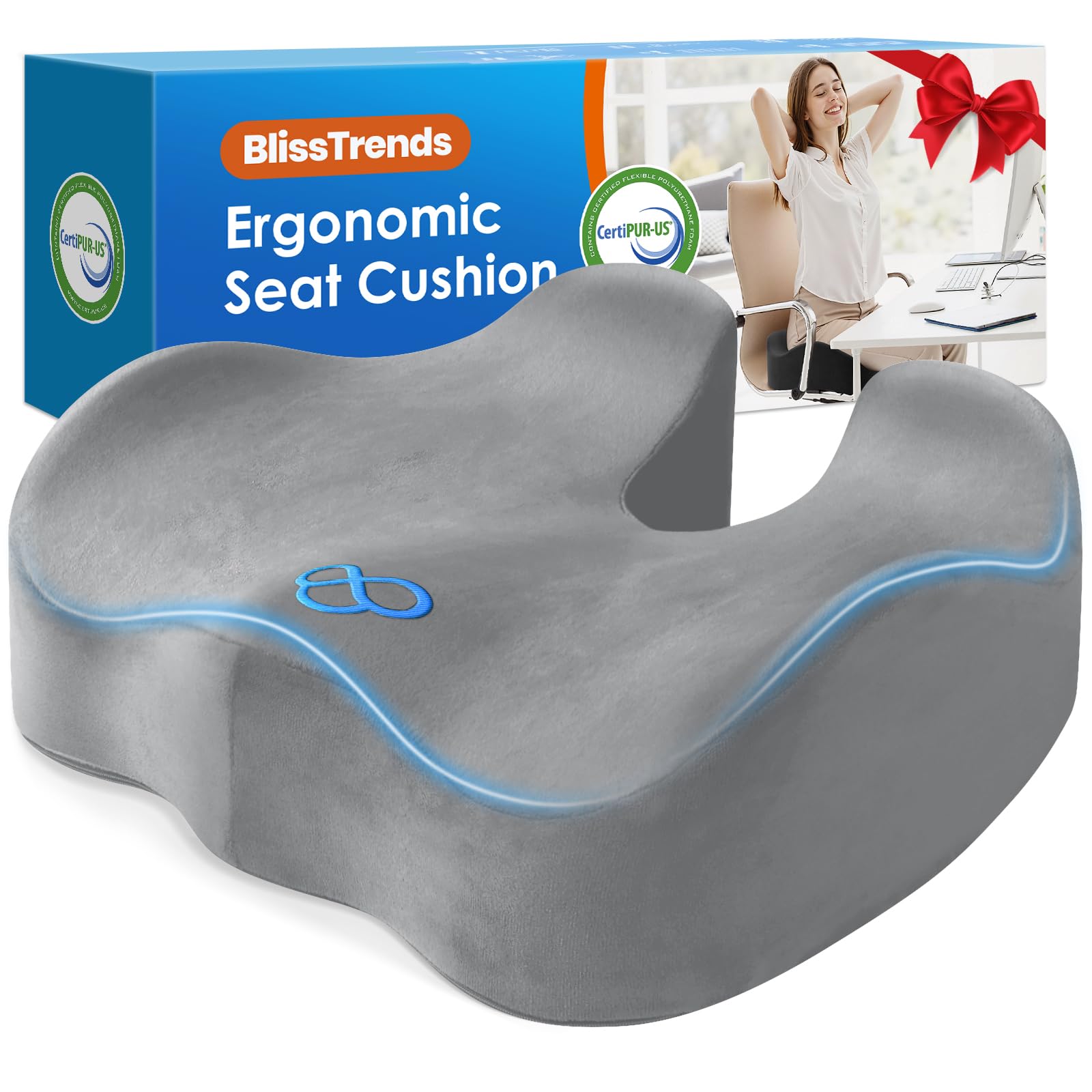BlissTrends Memory Foam Seat Cushion for Office Chair & Car Seat, LightGrey | Ergonomic Tailbone & Sciatica Support with Removable Velvet Cover for Pressure Relief and Long Sitting Comfort, 3.3" Thick