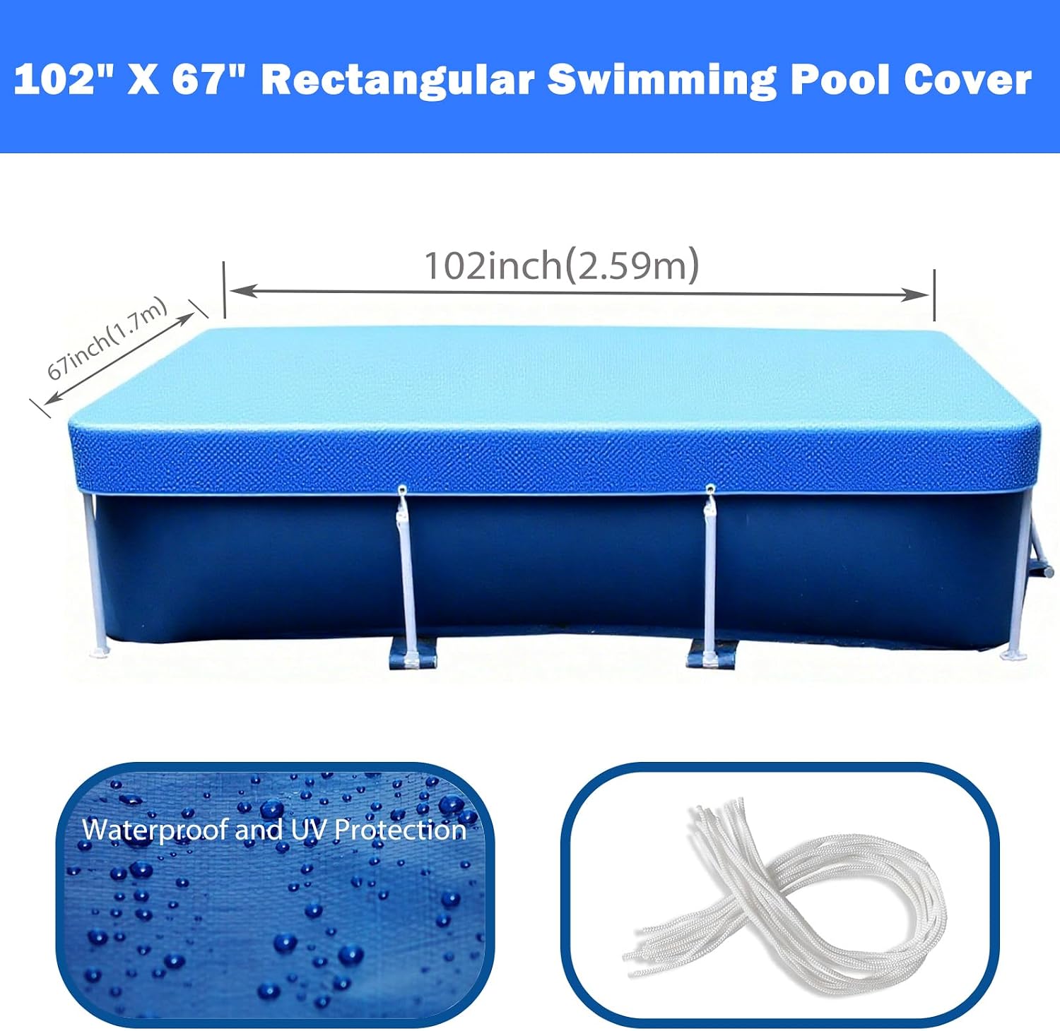102" X 67" Rectangle Pool Cover, 8.5 x 5.6 ft Rectangular Frame Swimming Pool Cover, Durable PE Tarpaulin Dust Proof Rain Proof Garden Outdoor Above Ground Square Pools Cover (102''x67'')