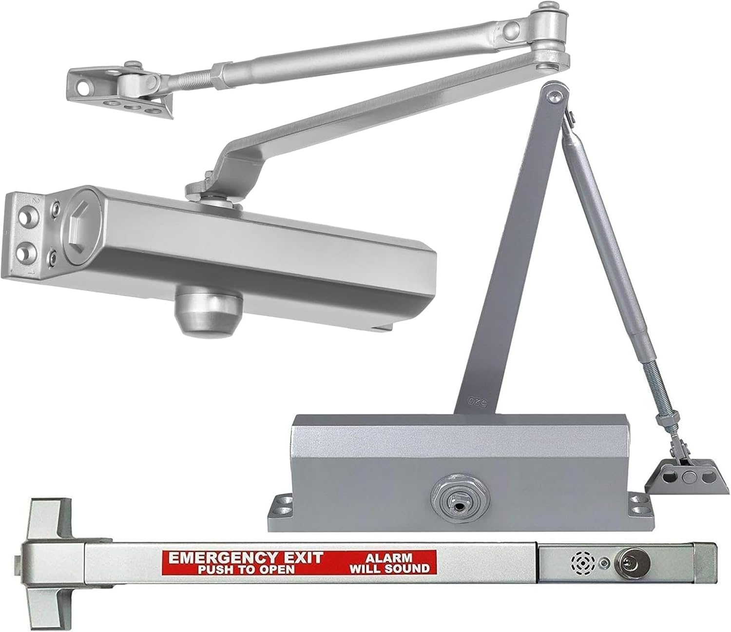 Dynasty Hardware Commercial Door Closer & Alarmed Panic Exit Device Set, Hydraulic Adjustable Size 3 & 4, Grade 1 & 2, UL Listed, ADA Compliant, 4000 & 3000 Series, Aluminum Finish