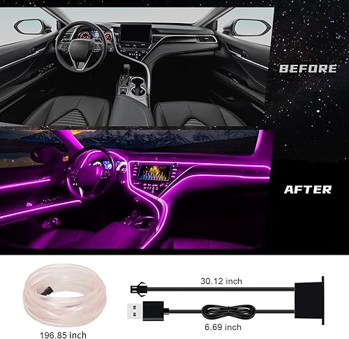 Miniatura 9 de Tira de luz LED interior de coche con cable EL USB, luces de alambre de neón con borde de costura de 0.11 pulgadas, cable electroluminiscente