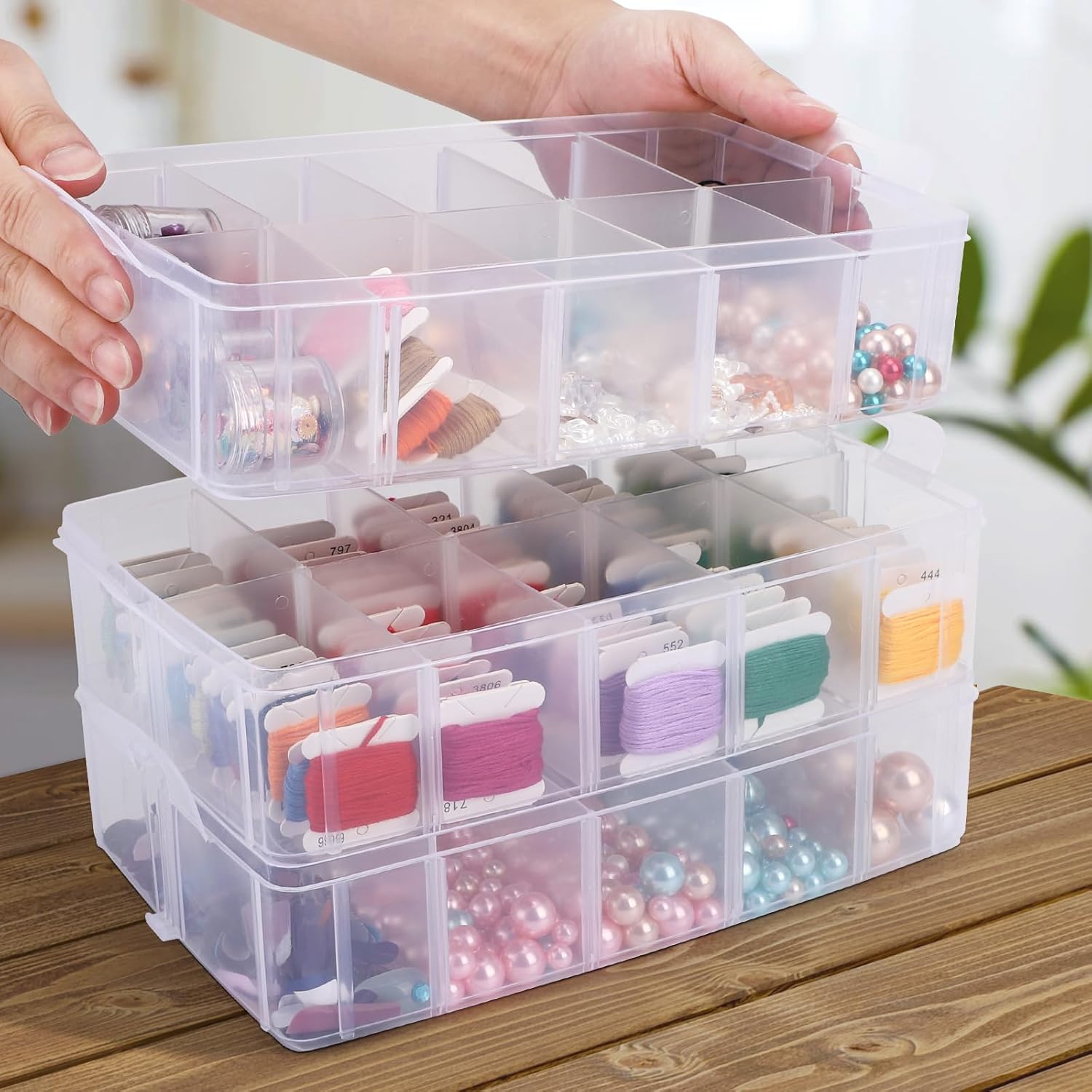3-Tier Stackable Storage Container Box, Clear Adjustable Empty Plastic Nail Art Organizer Box with Handle & Lids, Fake Nail Organizers with 30 Compartment for Crafts, Art Supply Tool Accessory