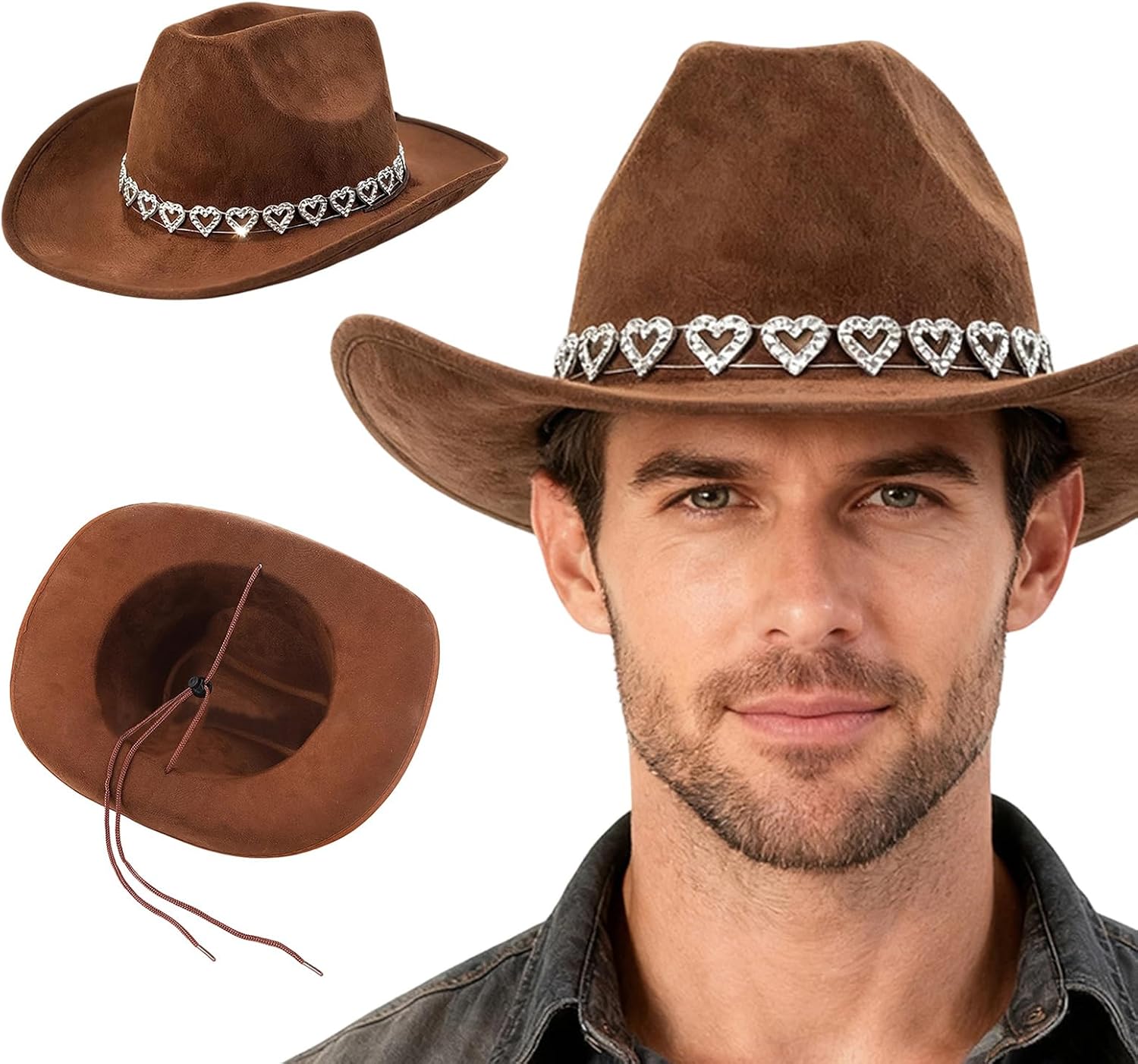 Antique Western Hats Breathable Adjustable Fedoras with Rhinestones Heart Decors for Costume Parties Dressingup Western Cowboy Hats for Outdoor
