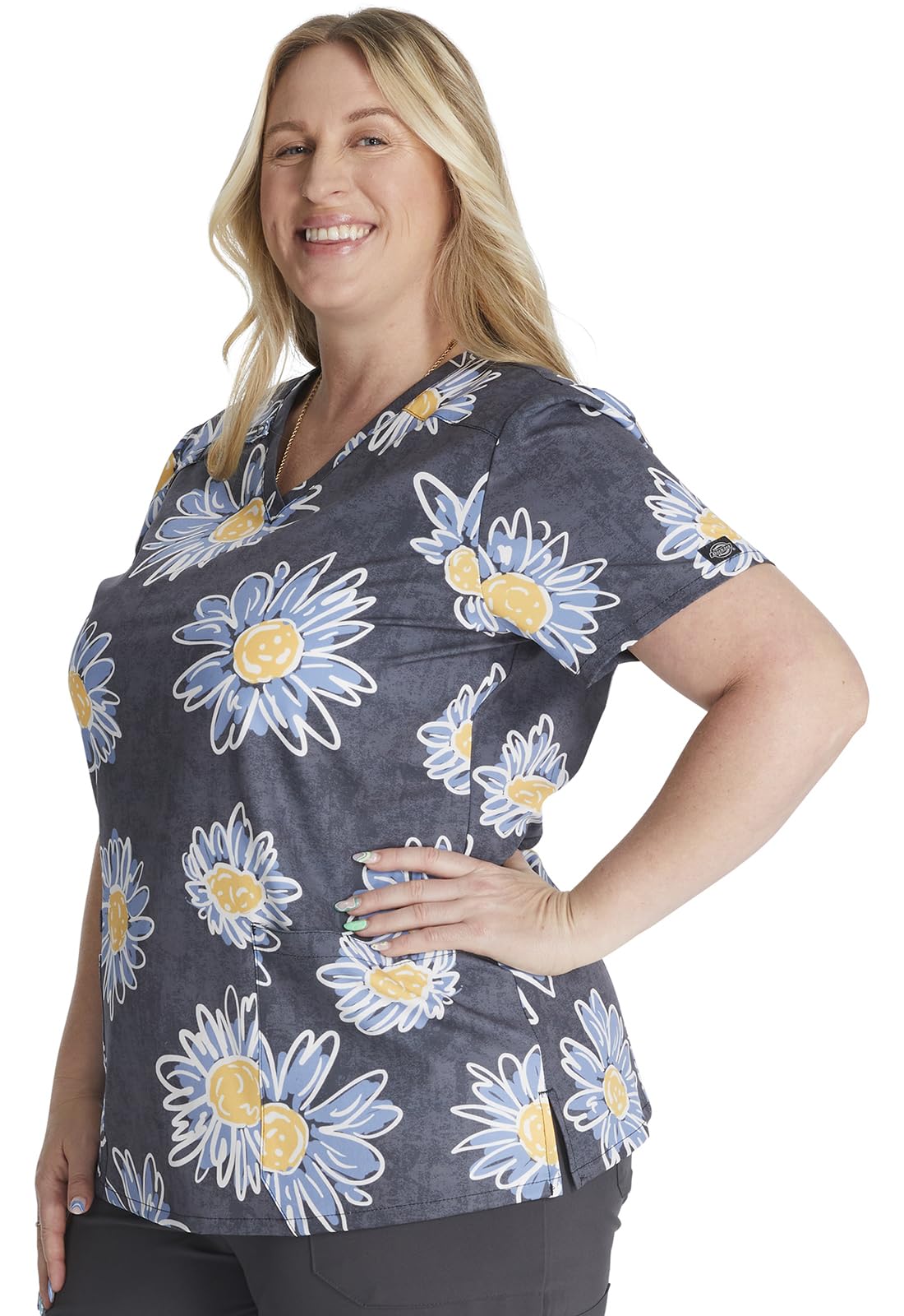 Dickies Damen Scrub Top Bedrucktes V-Ausschnitt Medizinisches Top mit 2 Taschen, Druckknopfverschluss & Instrumentenschlaufen - DK616