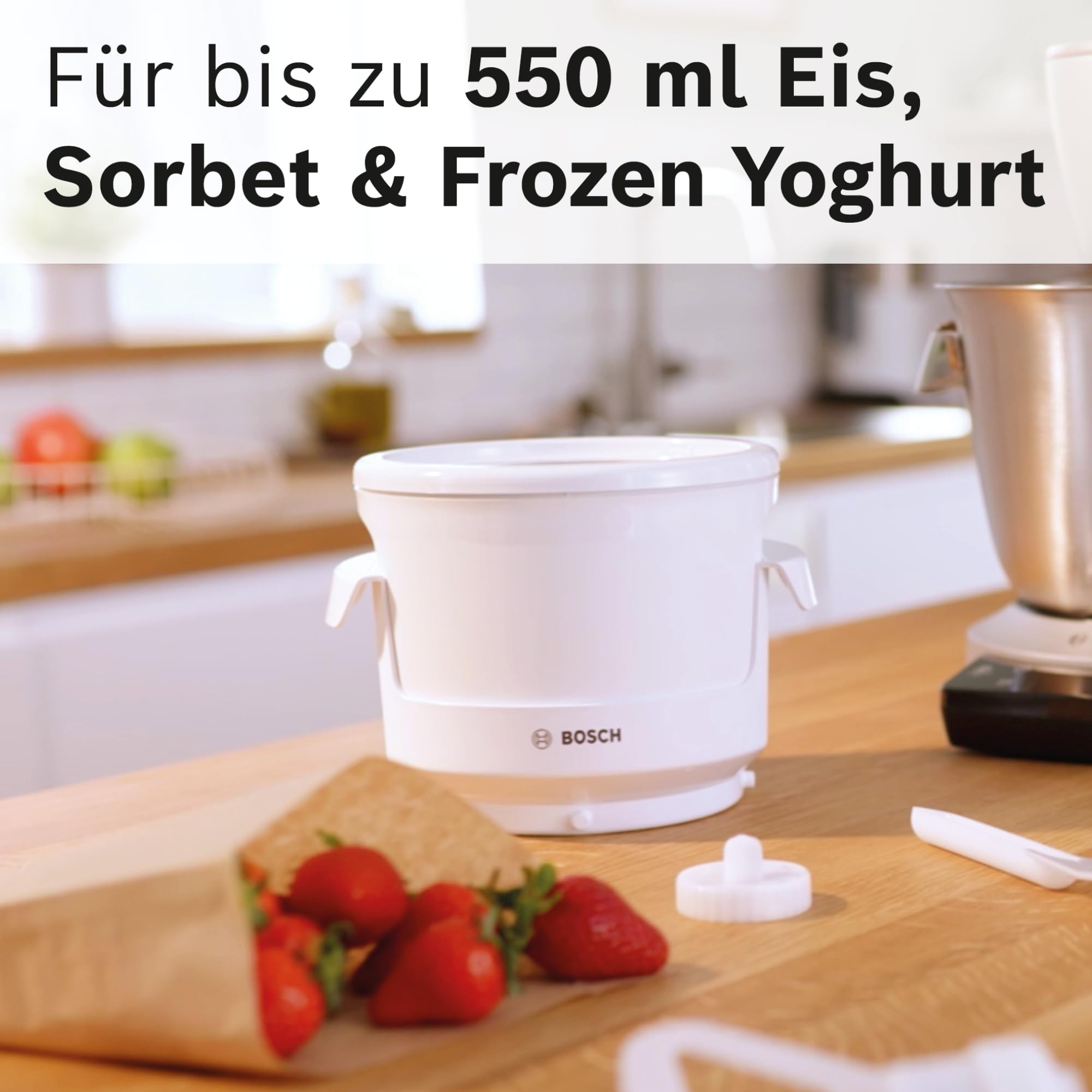 Bosch Eisbereiter MUZ9EB1, Zubehör passend für Küchenmaschine Serie 8, OptiMUM, 550ml, selbstgemachtes Eis, Sorbet, Frozen Yoghurt, Eismaschine