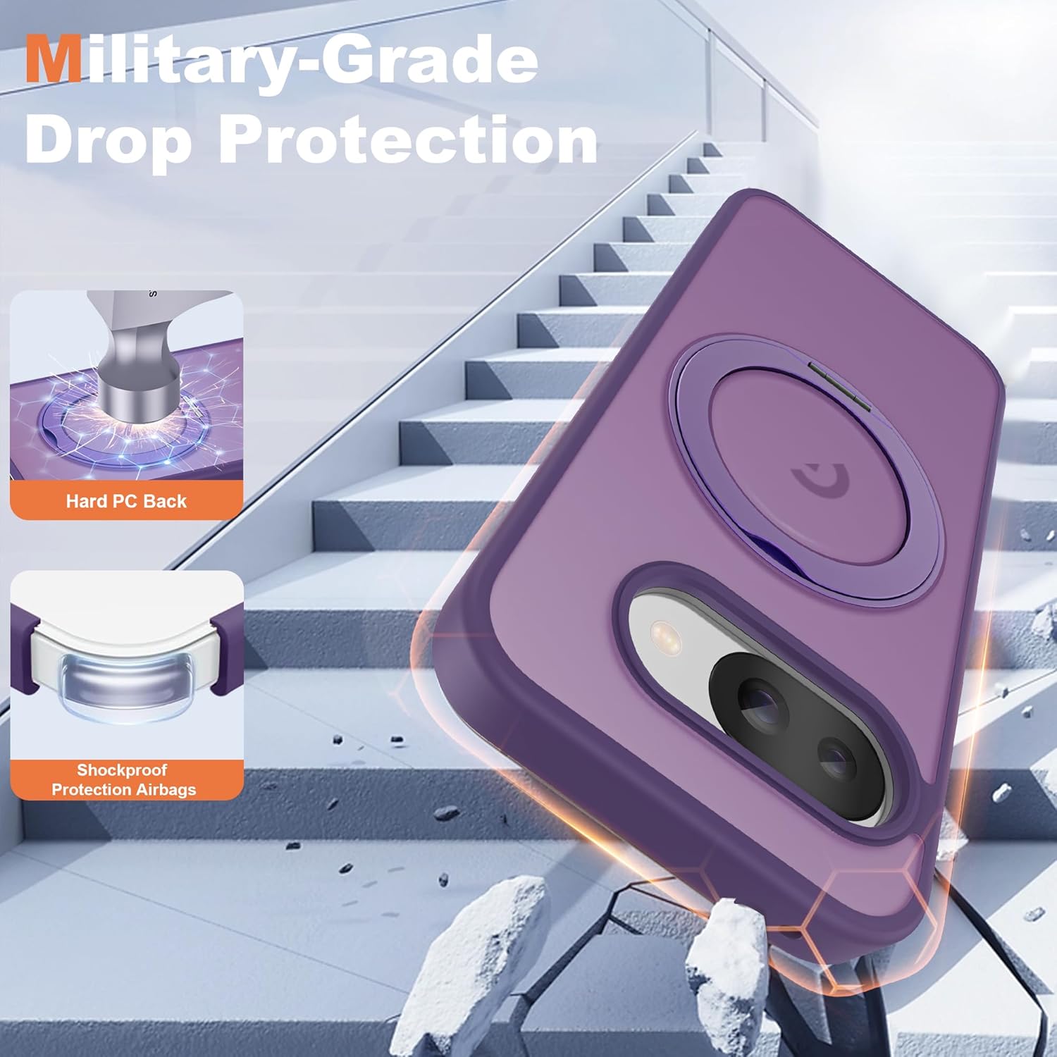 Compatible with Google Pixel 9a Case with 360° Magnetic Ring Stand [Compatible with Mag-Safe] Shockproof Translucent Phone Case for Google Pixel 9a 6.3", Purple