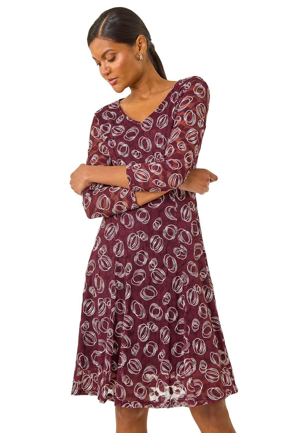 Roman Women's Geo Print Lace Stretch Dress in Wine | Size: 18