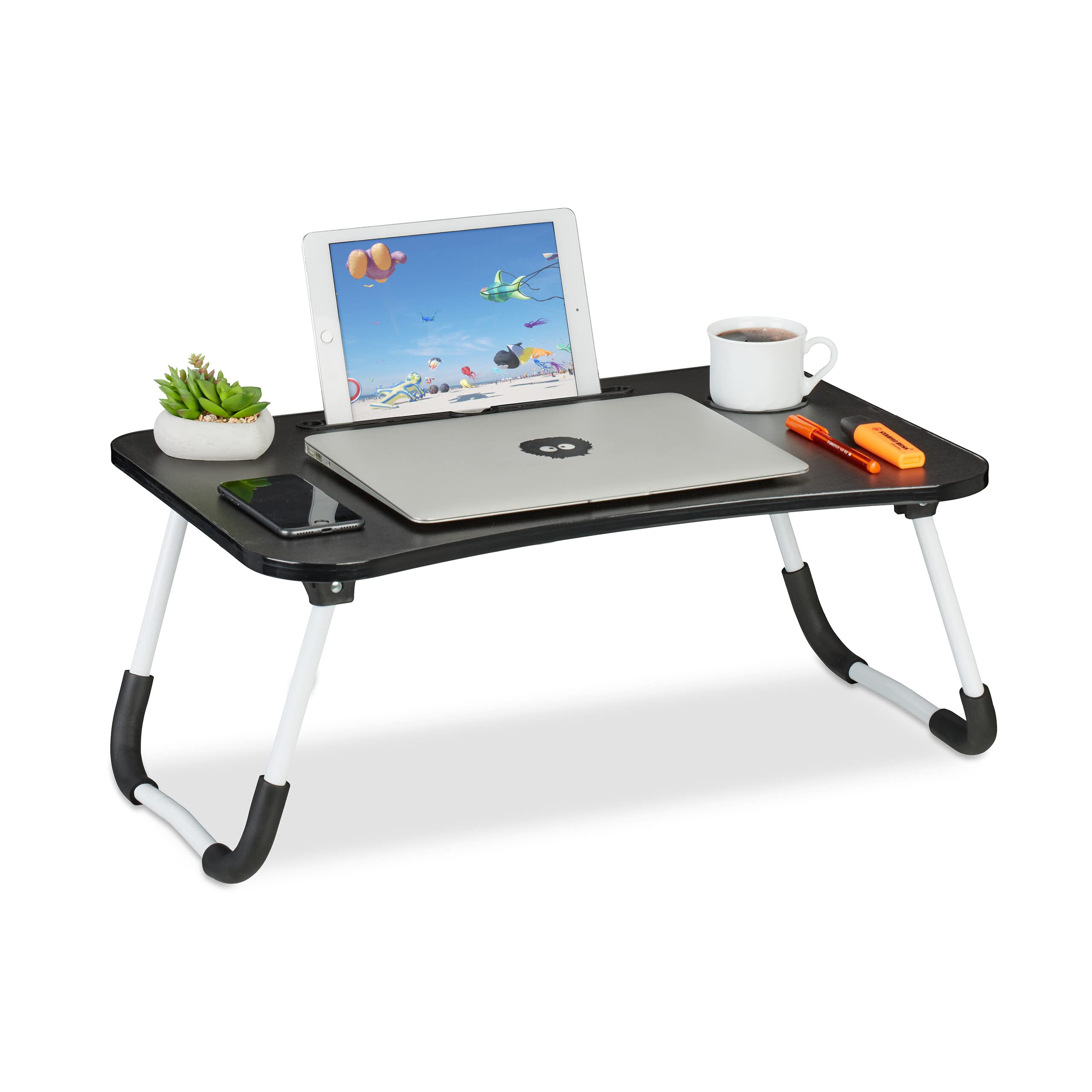 Relaxdays Laptoptisch für Couch, klappbar, Tablethalter, Getränkehalter, Betttisch, HxBxT 26 x 63 x 40 cm, schwarz/weiß