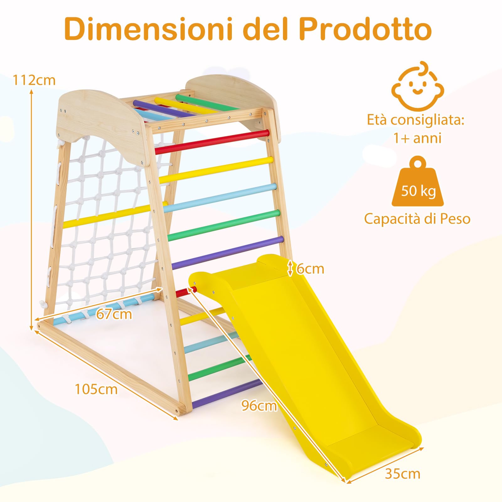COSTWAY Set Arrampicata 4 in 1, Parco Giochi Interno in Legno con Sbarre Rete da Arrampicata e Scala da Arrampicata, per Bambini 1 Anno+ (colorato)