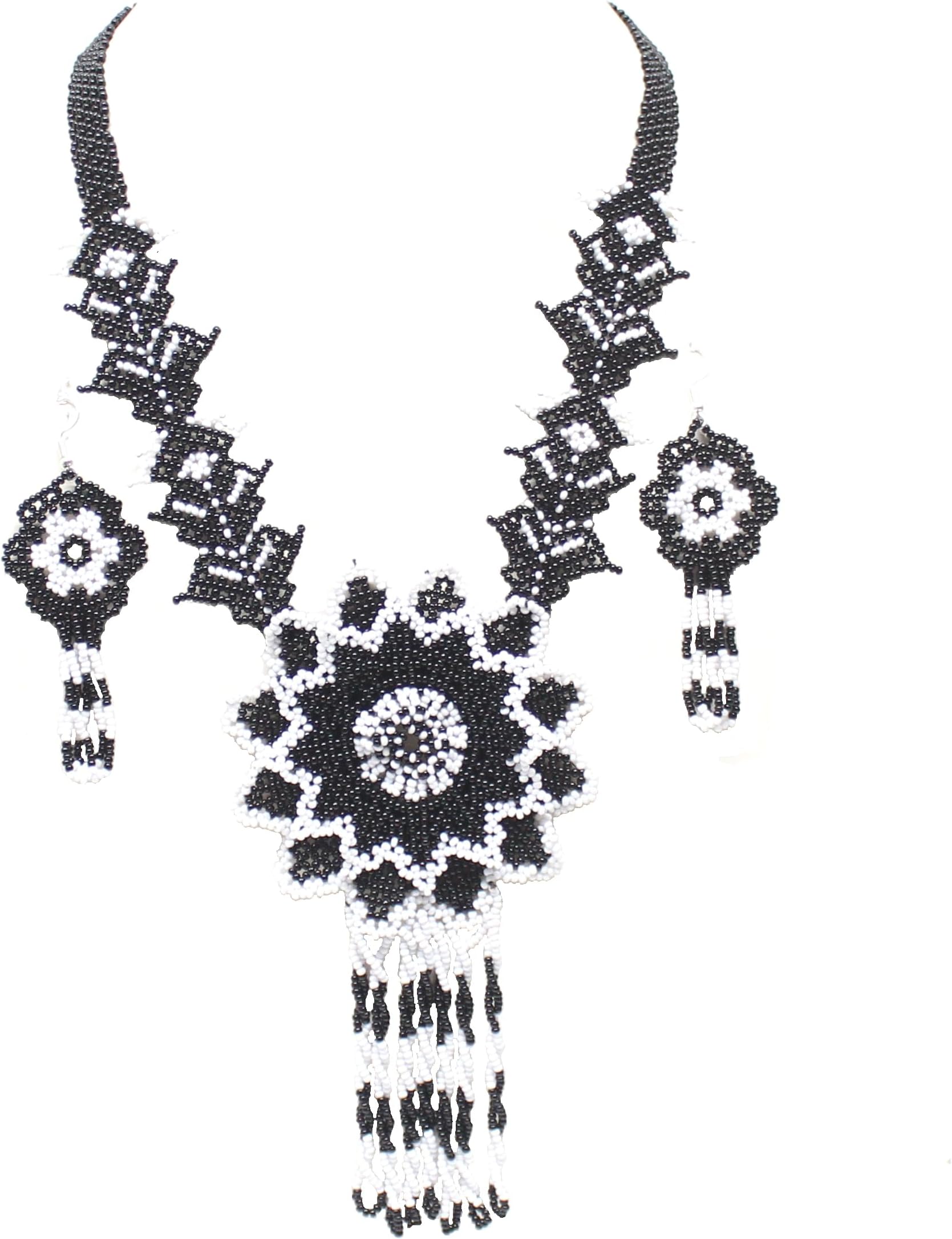 Handmade Beaded Indian Necklace,Native American Style Seed Beaded Traditional Necklace Earrings Set,One of a Kind fashion Jewelery for Women.Black