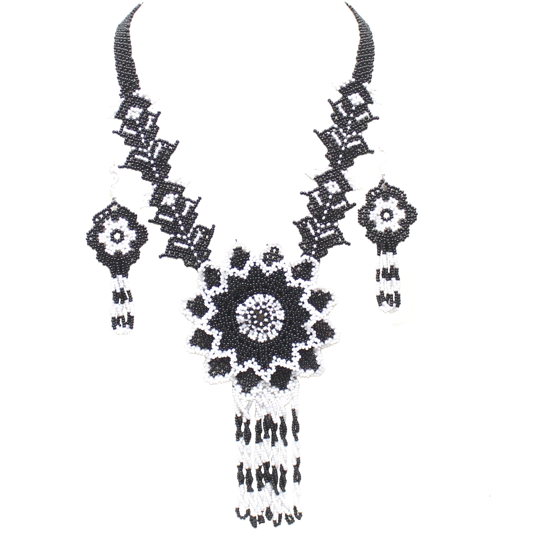 Handmade Beaded Indian Necklace,Native American Style Seed Beaded Traditional Necklace Earrings Set,One of a Kind fashion Jewelery for Women.Black