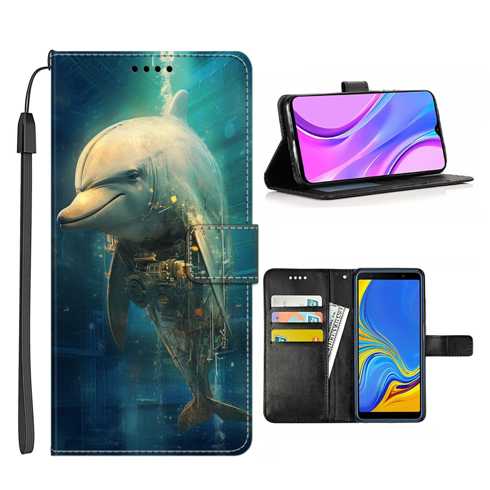 Wallet Case for Samsung Galaxy S9 with Dolphin-aa6 Pattern PU Leather Flip Folio ID&Credit Cards Pocket Lanyard Multicolor